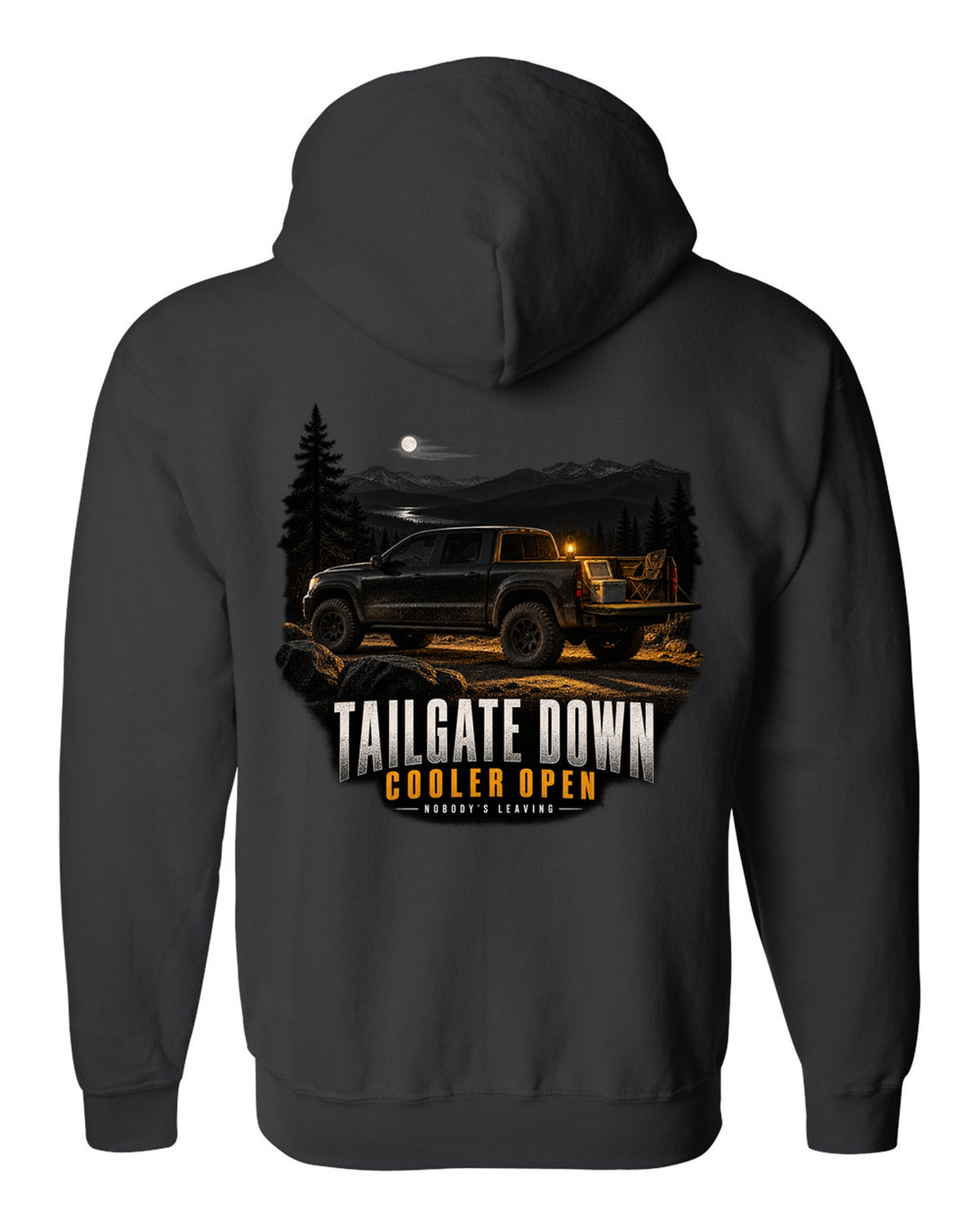 Jeep Gladiator JT with tailgate down in a night garage print black zip hoodie back view with the design