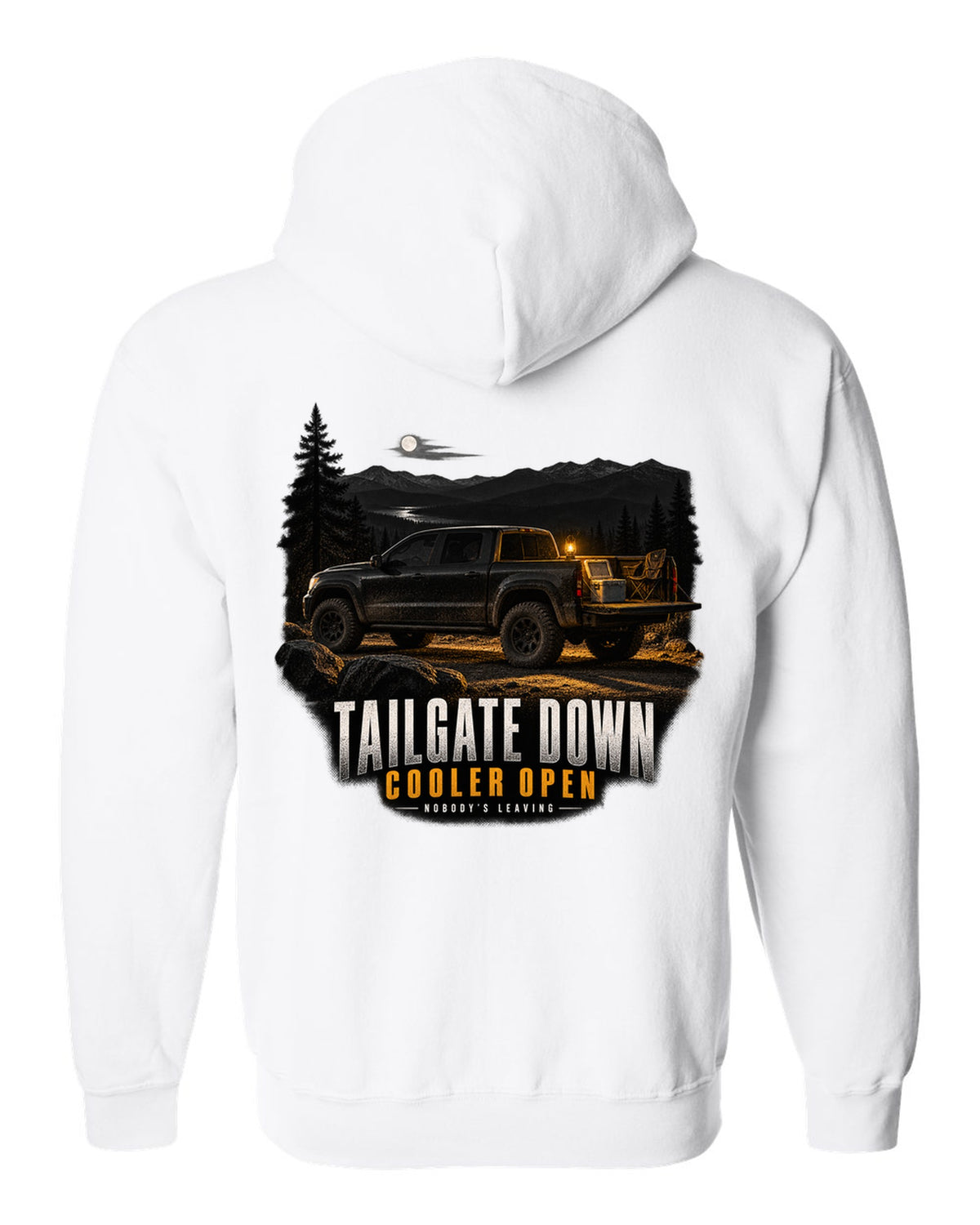 Jeep Gladiator JT with tailgate down in a night garage print white zip hoodie back view with the design