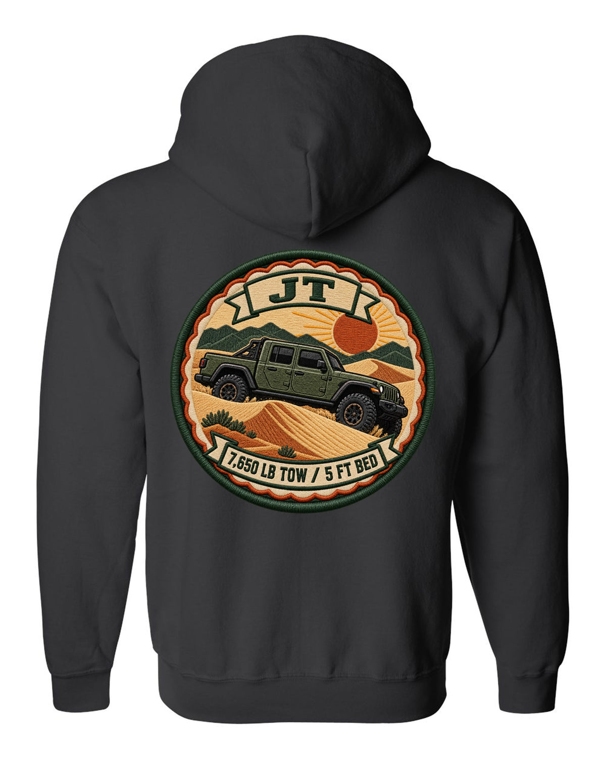 Embroidery-style varsity crest print of a Jeep Gladiator JT with tow rating text black zip hoodie back view with the design