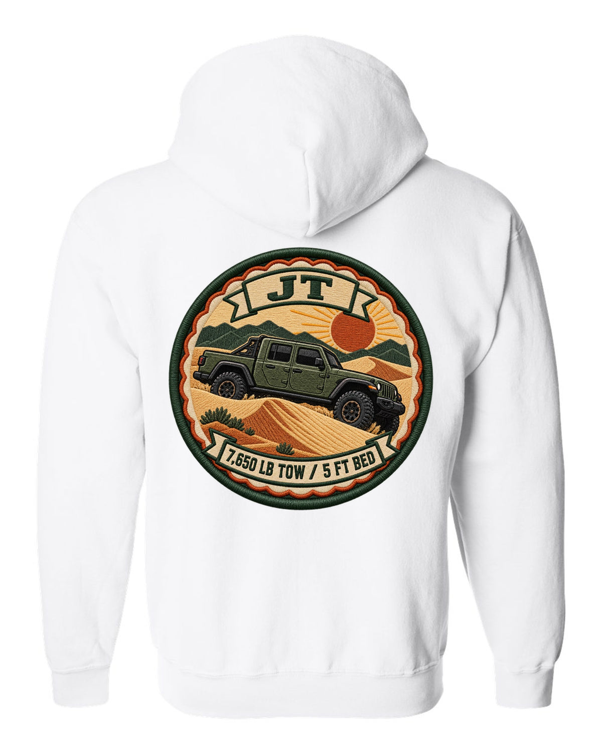 Embroidery-style varsity crest print of a Jeep Gladiator JT with tow rating text white zip hoodie back view with the design