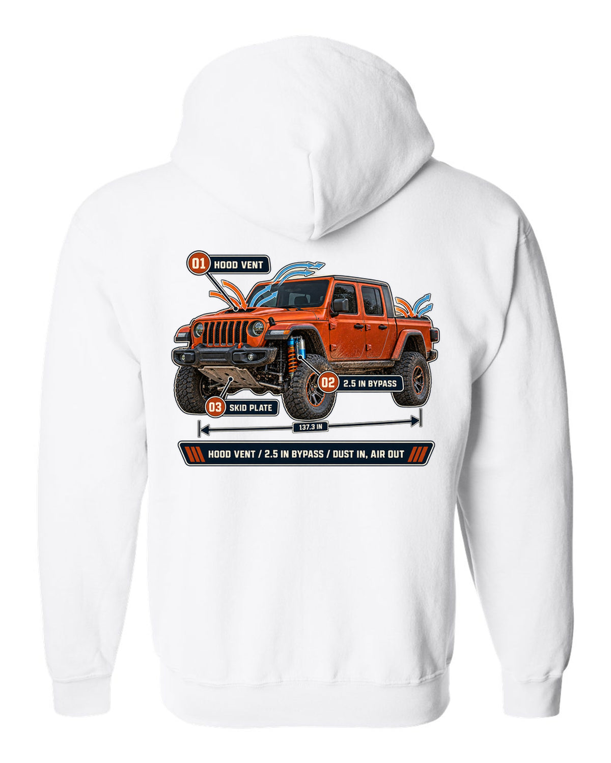Aero callout print for the Jeep Gladiator Mojave JT showing hood vent and bypass white zip hoodie back view with the design