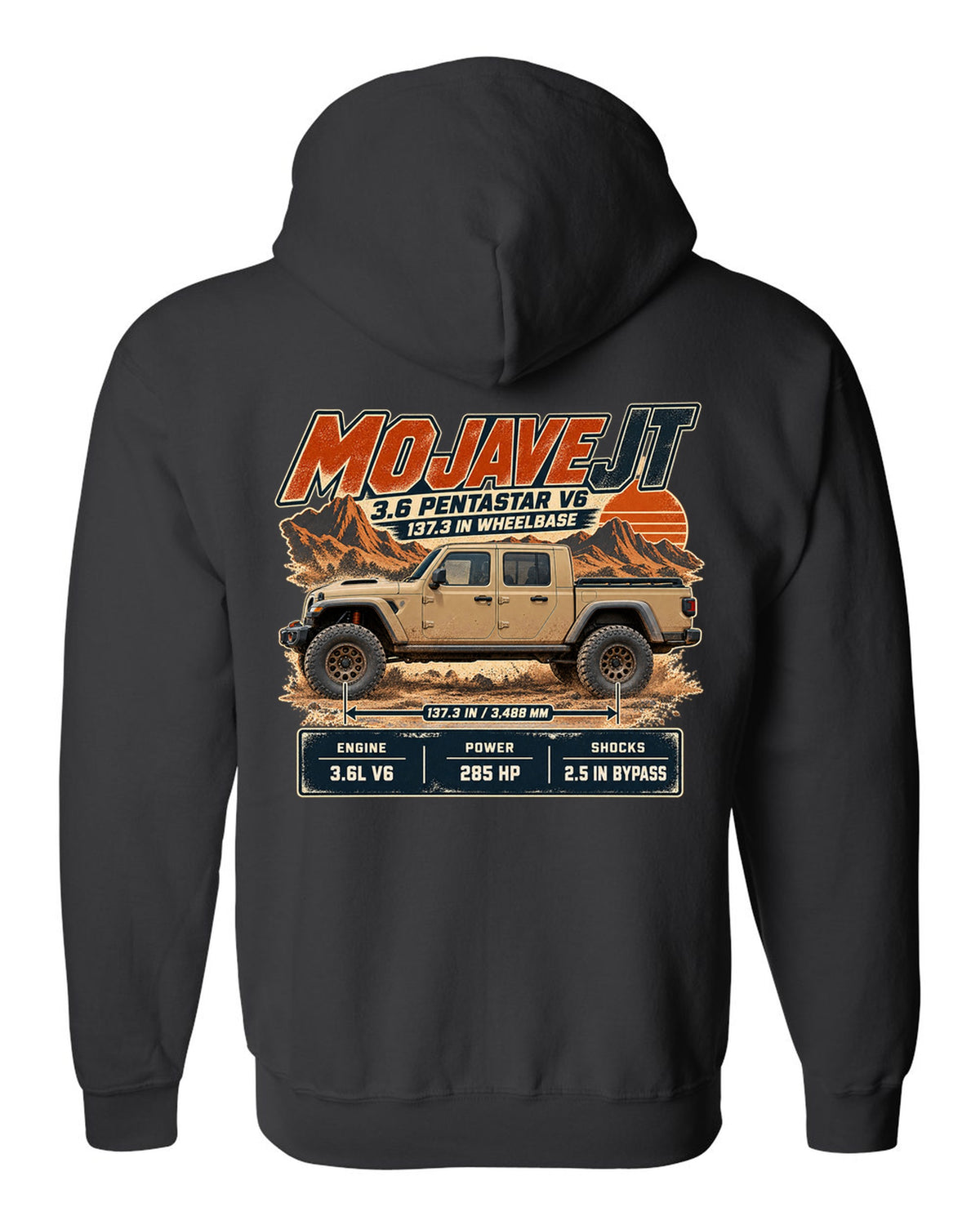 Spec poster print for the Jeep Gladiator Mojave JT with engine and wheelbase black zip hoodie back view with the design