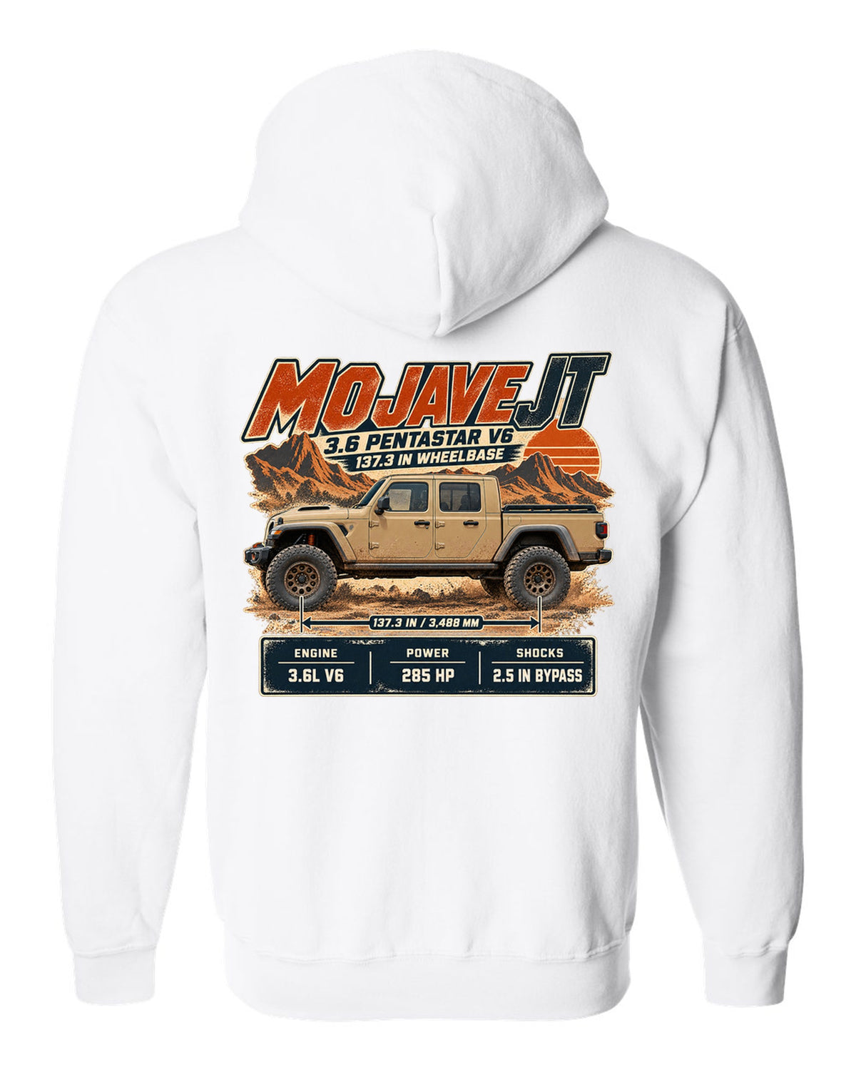 Spec poster print for the Jeep Gladiator Mojave JT with engine and wheelbase white zip hoodie back view with the design