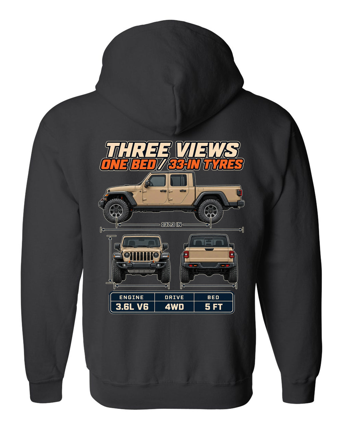 Three-view drawing with spec table print of the Jeep Gladiator Mojave black zip hoodie back view with the design