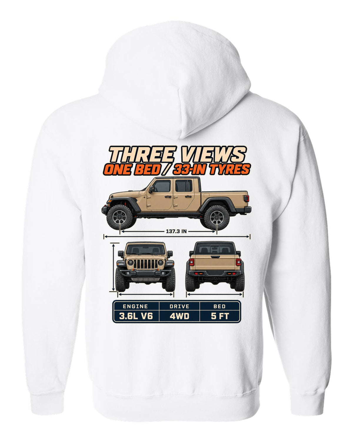 Three-view drawing with spec table print of the Jeep Gladiator Mojave white zip hoodie back view with the design