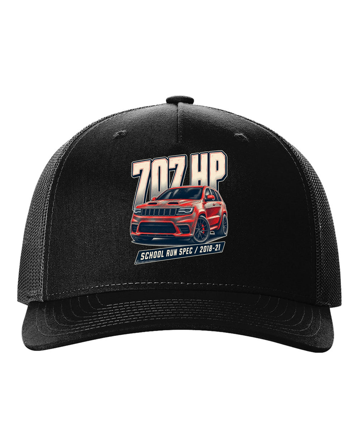 Halftone print of the Jeep Grand Cherokee Trackhawk WK2 with 707 HP lettering black hat front view with the design