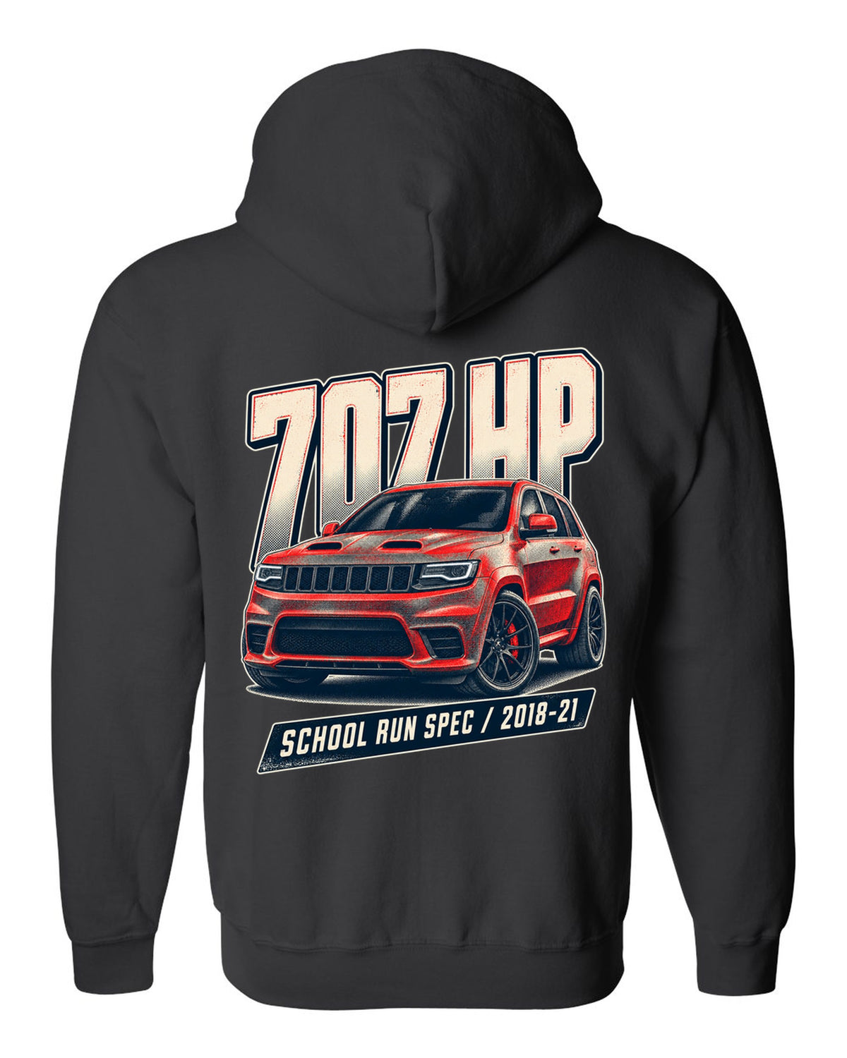 Halftone print of the Jeep Grand Cherokee Trackhawk WK2 with 707 HP lettering black zip hoodie back view with the design