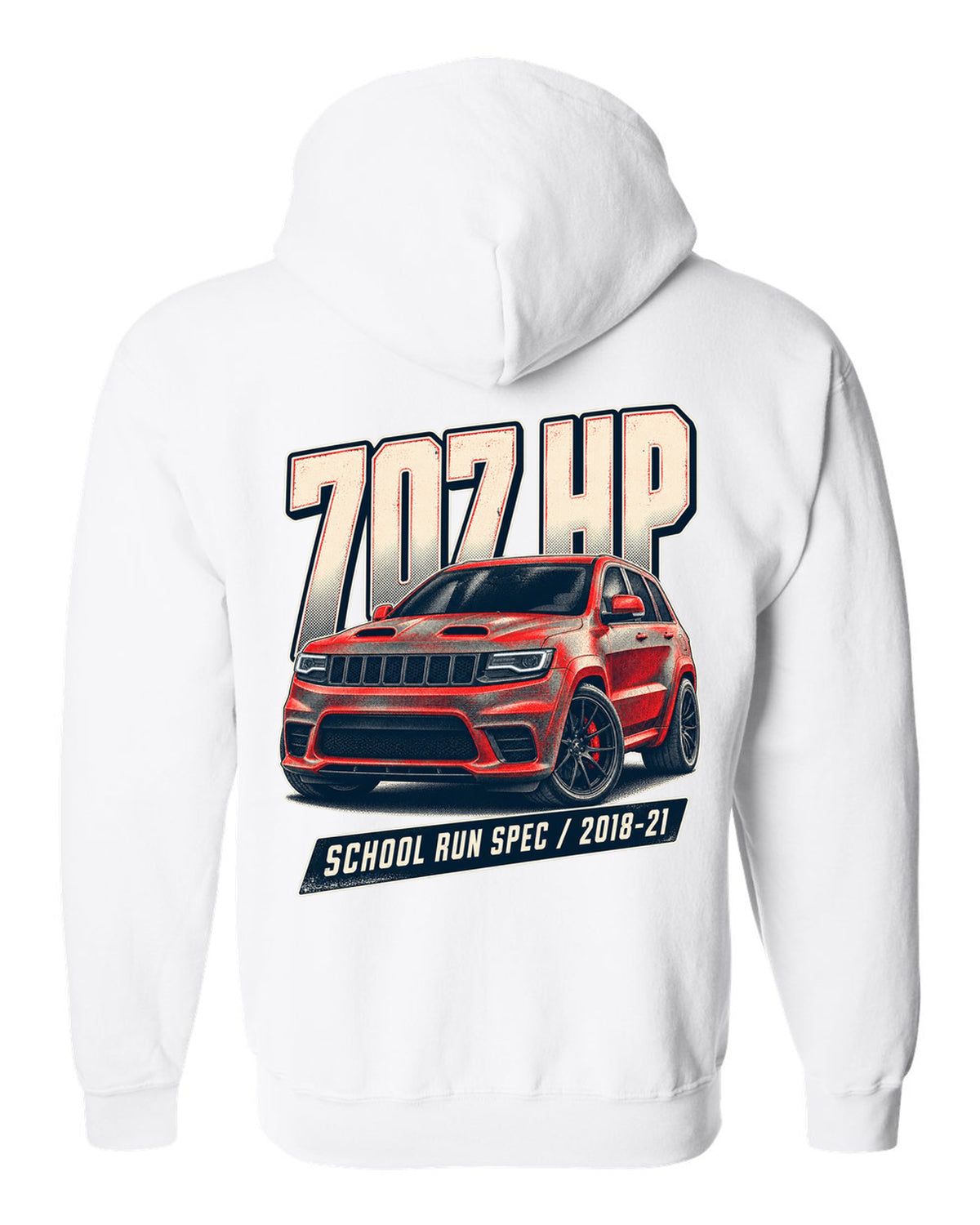 Halftone print of the Jeep Grand Cherokee Trackhawk WK2 with 707 HP lettering white zip hoodie back view with the design