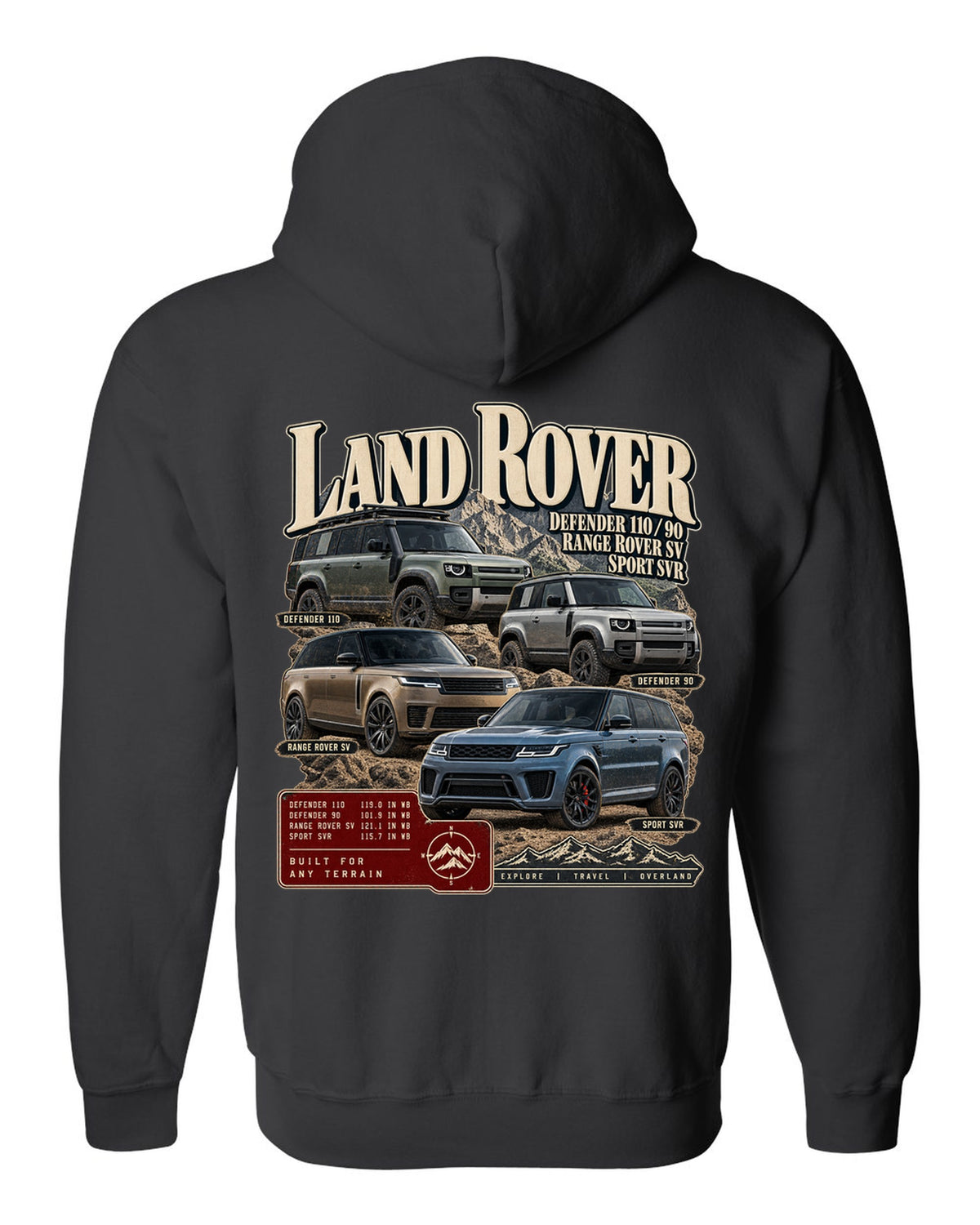Archive panel print of the Jeep Grand Cherokee Trackhawk WK2 with 0-60 time black zip hoodie back view with the design