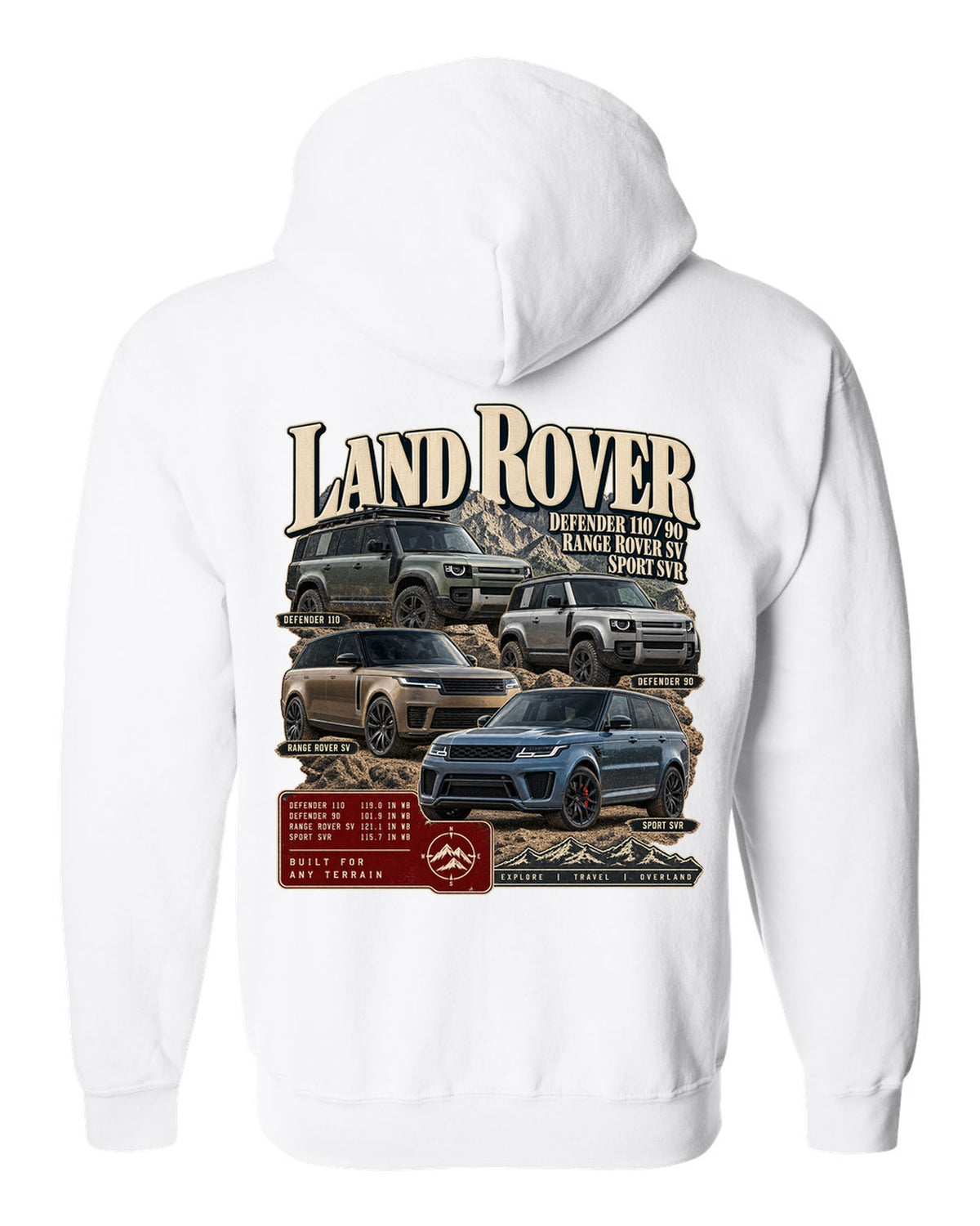 Archive panel print of the Jeep Grand Cherokee Trackhawk WK2 with 0-60 time white zip hoodie back view with the design