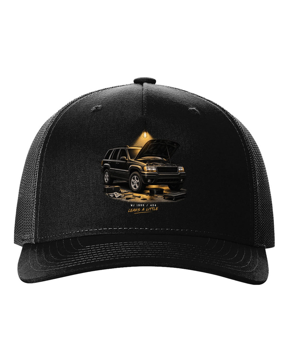 Jeep Grand Cherokee WJ in a night garage print with 1999 4x4 caption black hat front view with the design