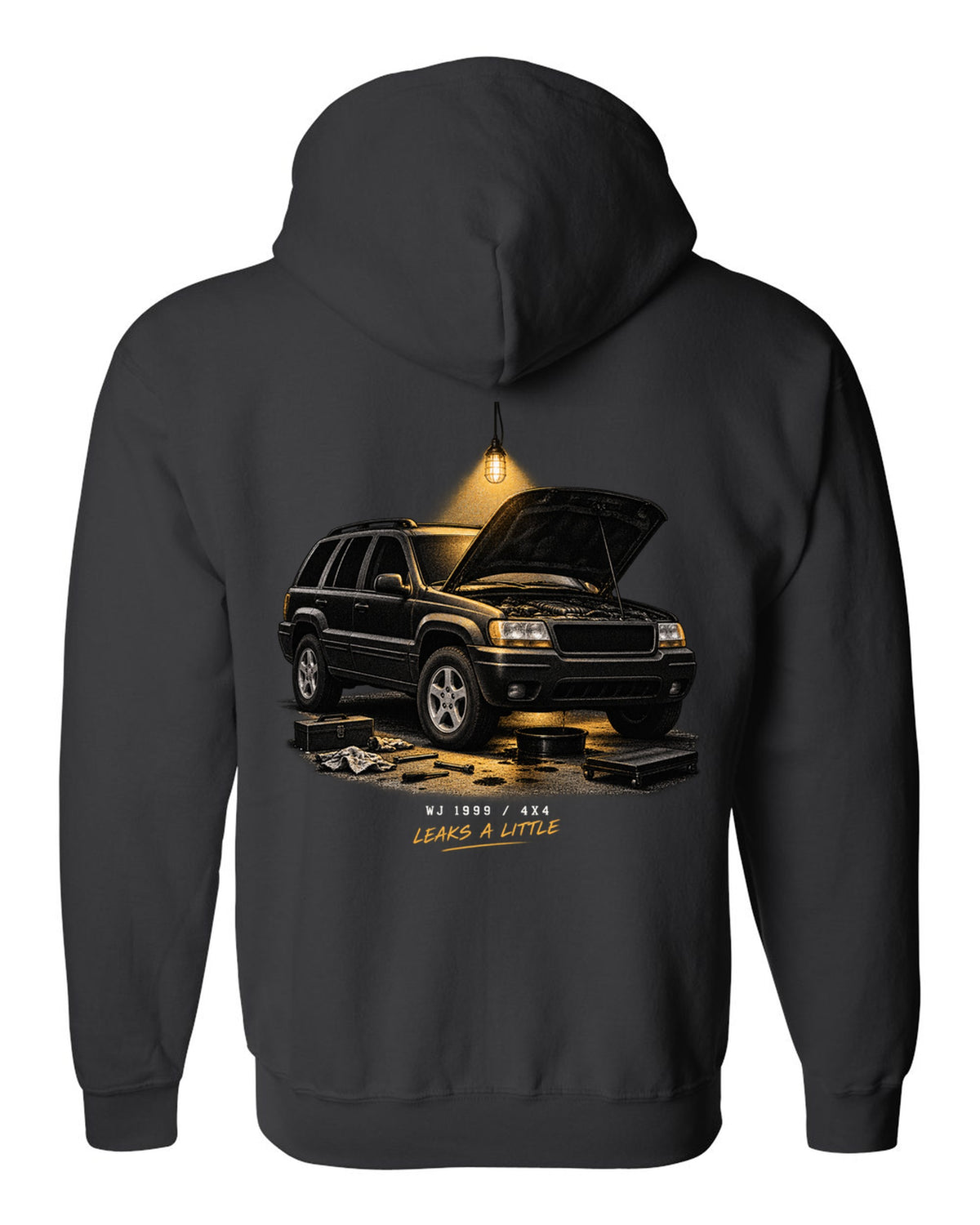 Jeep Grand Cherokee WJ in a night garage print with 1999 4x4 caption black zip hoodie back view with the design