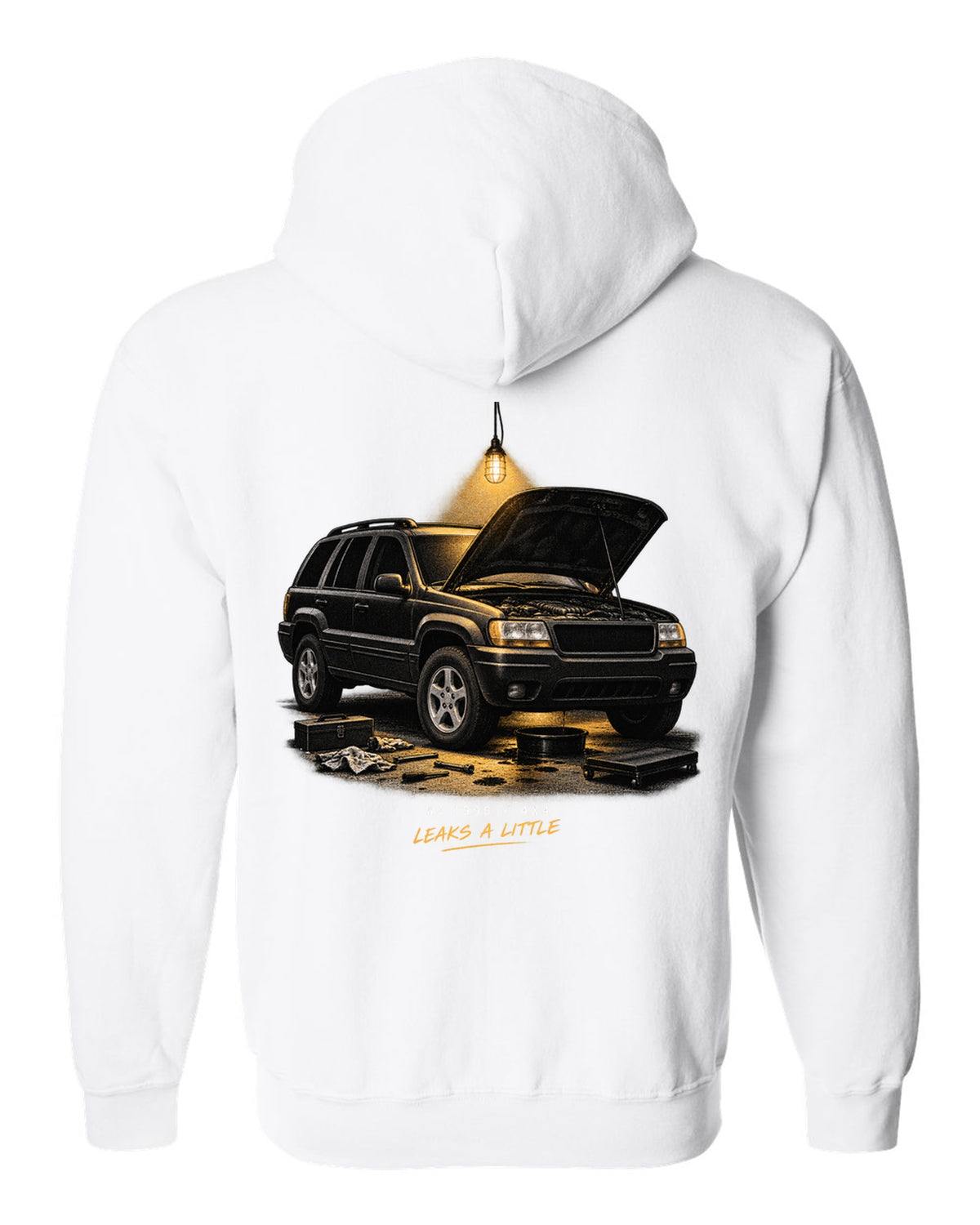 Jeep Grand Cherokee WJ in a night garage print with 1999 4x4 caption white zip hoodie back view with the design