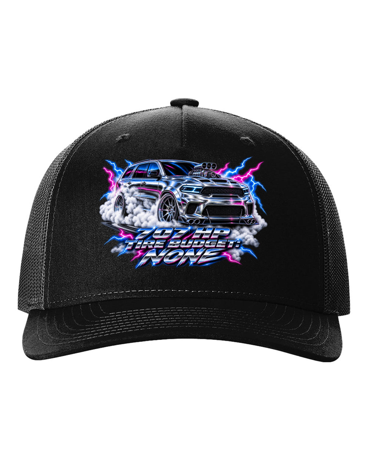 80s airbrush chrome print of a Jeep Grand Cherokee WK2 Trackhawk with 707 HP text black hat front view with the design