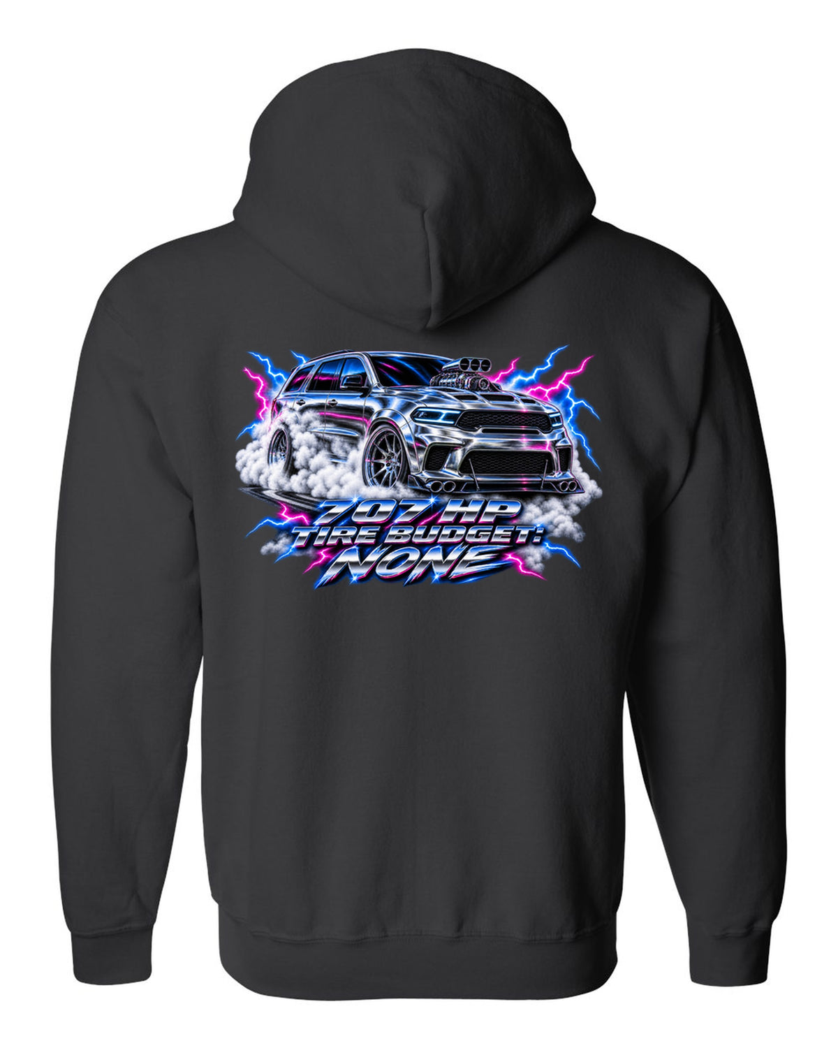 80s airbrush chrome print of a Jeep Grand Cherokee WK2 Trackhawk with 707 HP text black zip hoodie back view with the design