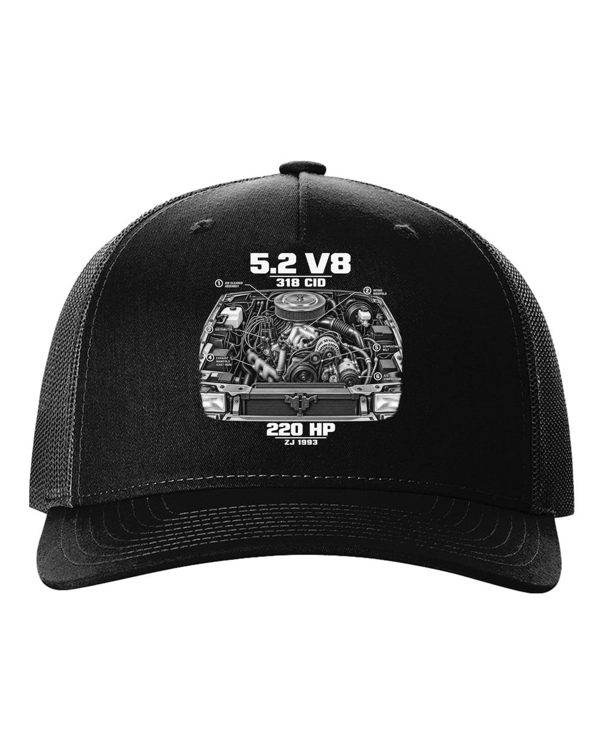 Jeep Grand Cherokee ZJ 5.2 V8 engine print with 318 CID text black hat front view with the design