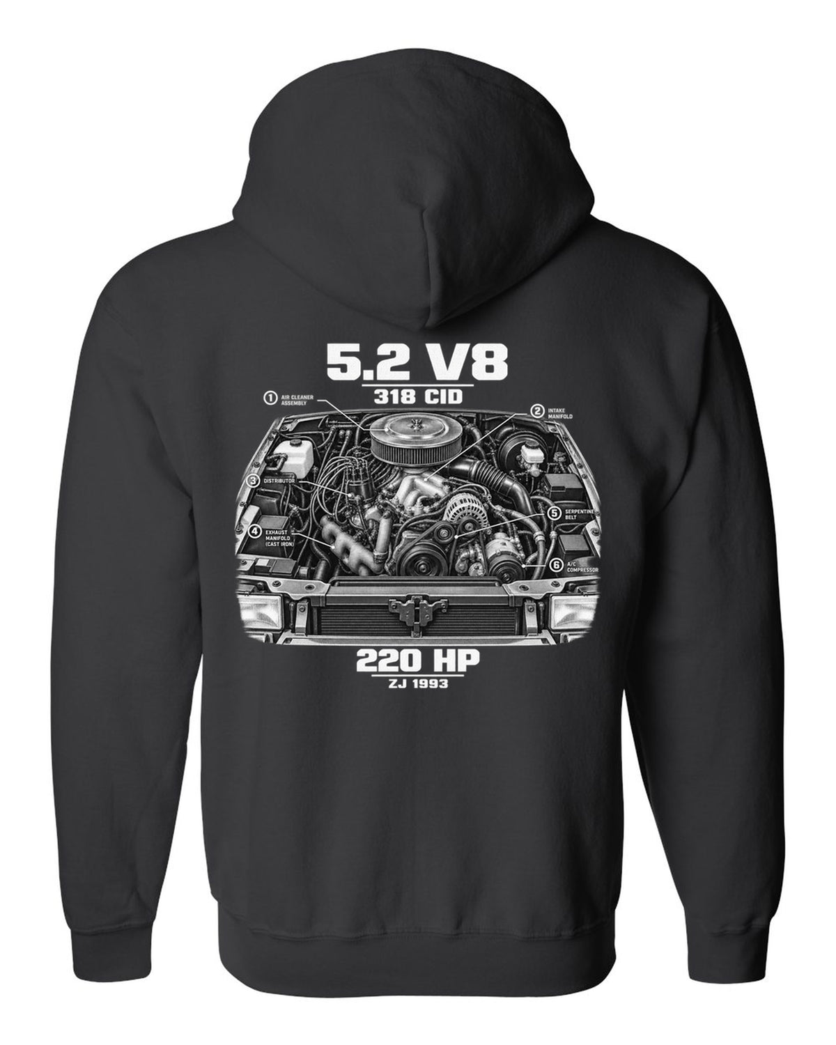 Jeep Grand Cherokee ZJ 5.2 V8 engine print with 318 CID text black zip hoodie back view with the design