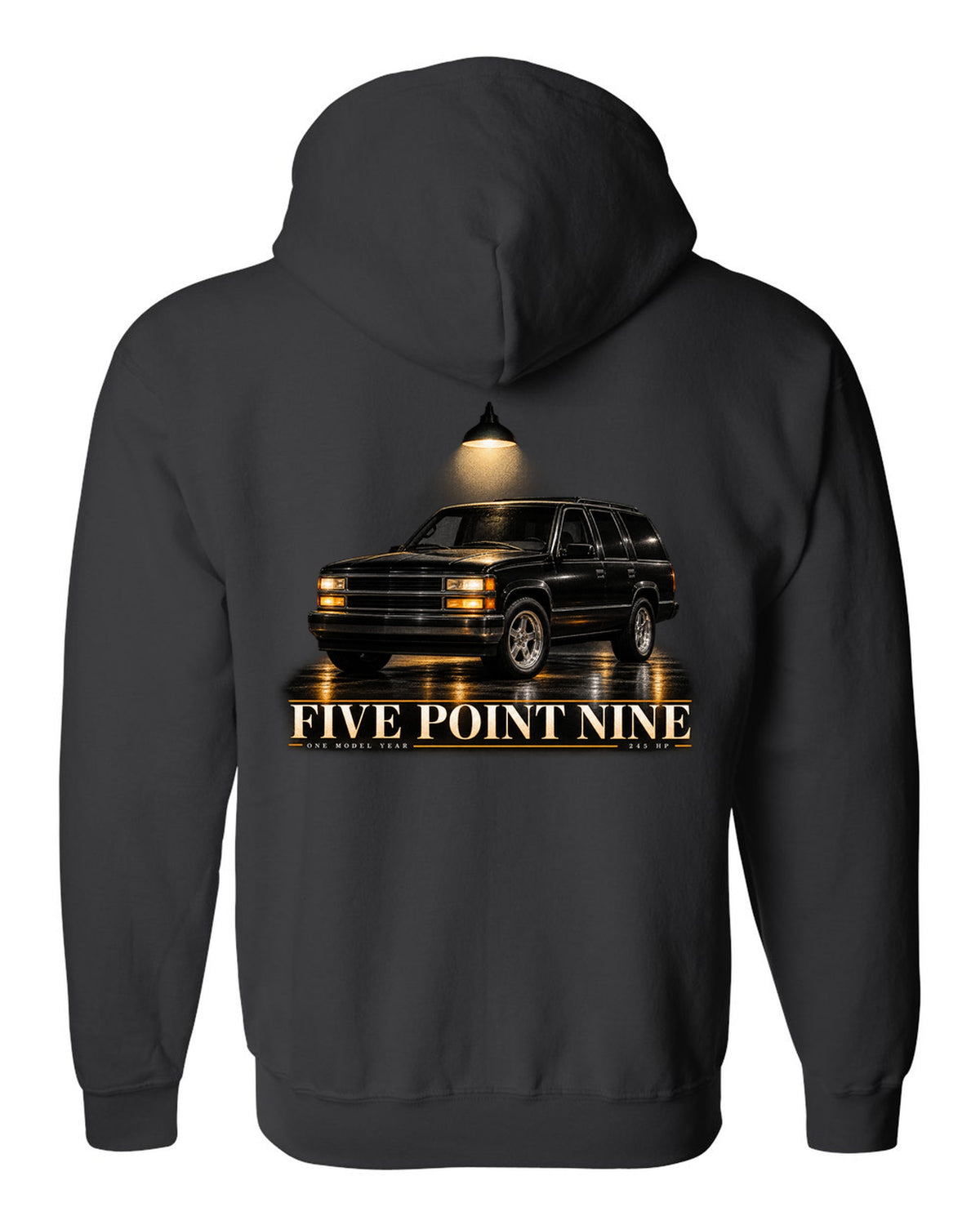 Garage night print for the 1998 Jeep Grand Cherokee ZJ 5.9 Limited black zip hoodie back view with the design
