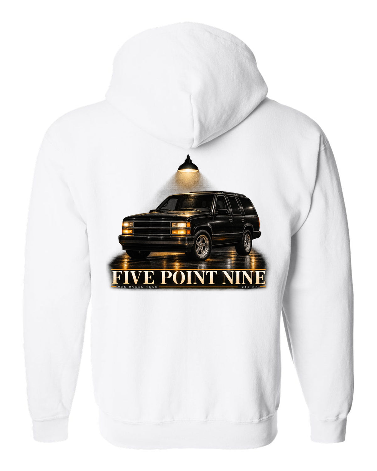 Garage night print for the 1998 Jeep Grand Cherokee ZJ 5.9 Limited white zip hoodie back view with the design