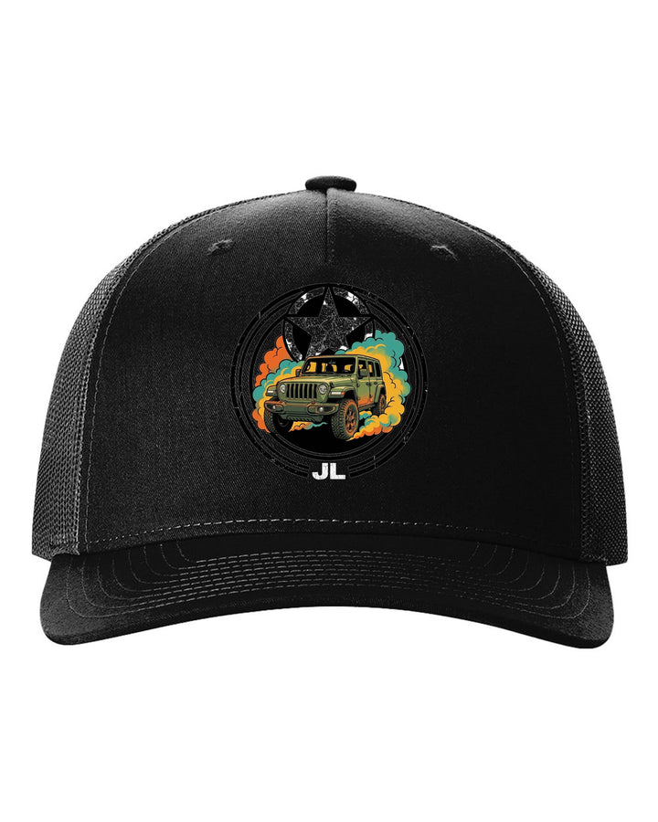 Jeep Wrangler JL Star black trucker hat front view with the design