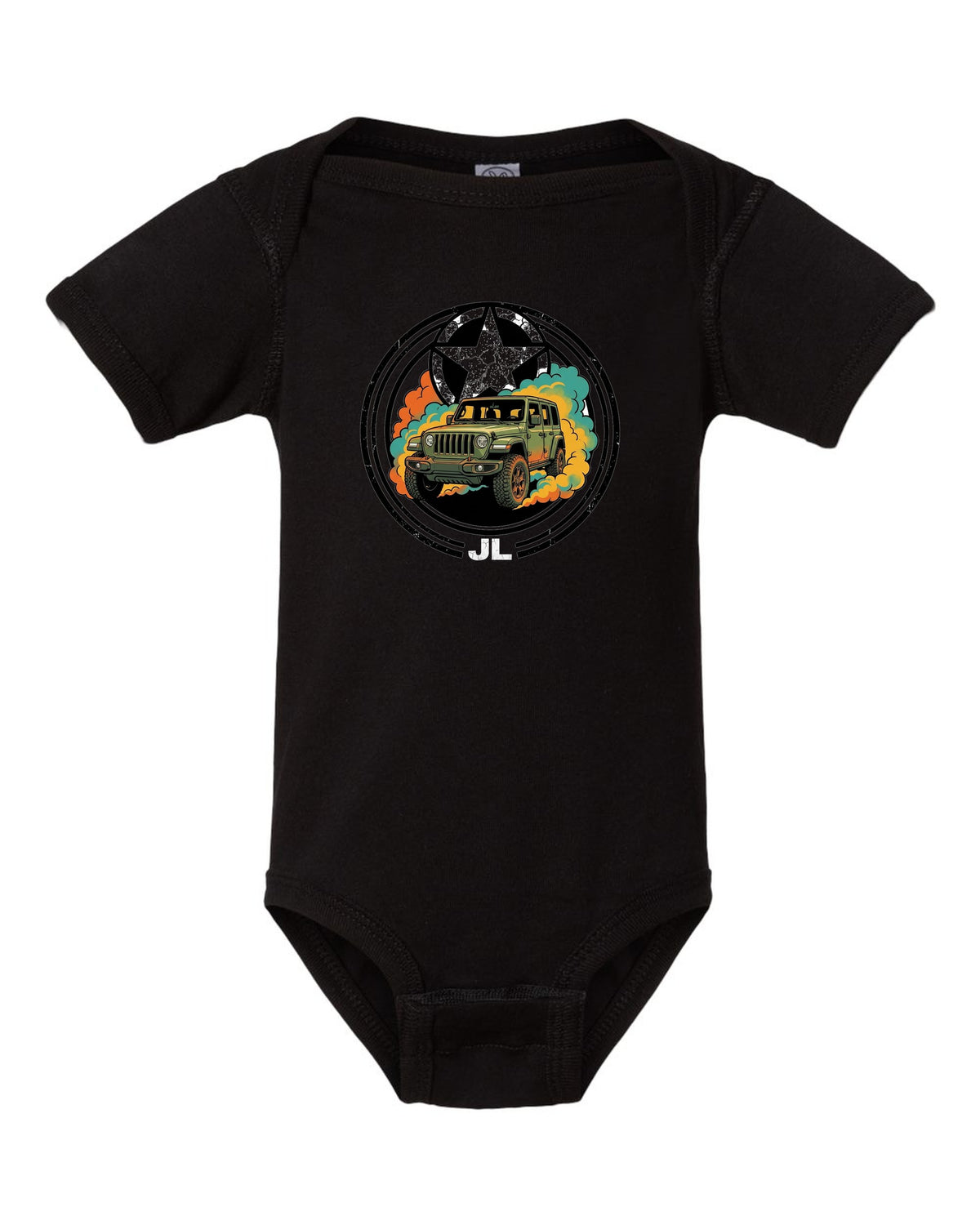 Jeep Wrangler JL Star black baby onesie front view with the design