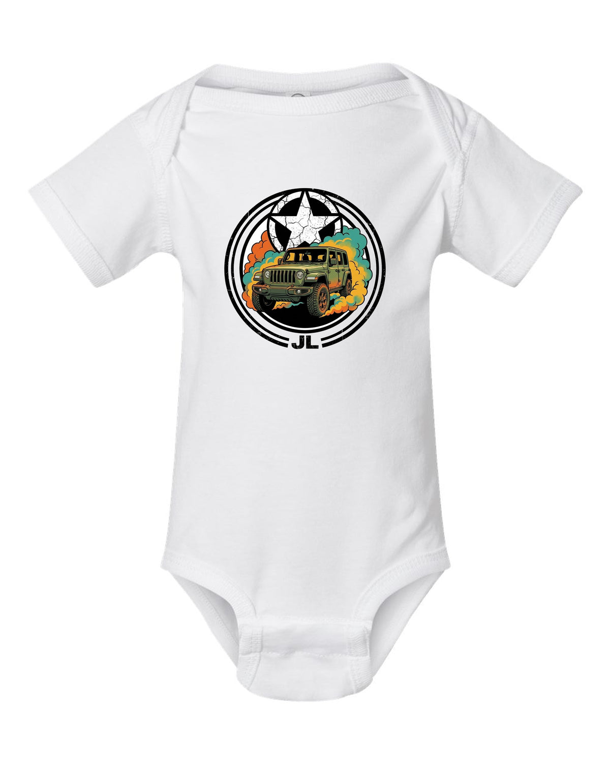 Jeep Wrangler JL Star white baby onesie front view with the design