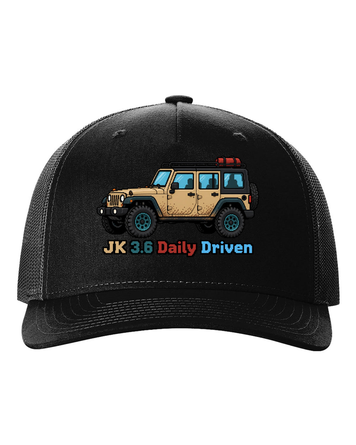 Jeep Wrangler JK 16-bit pixel art design with JK 3.6 daily driven text black hat front view with the design