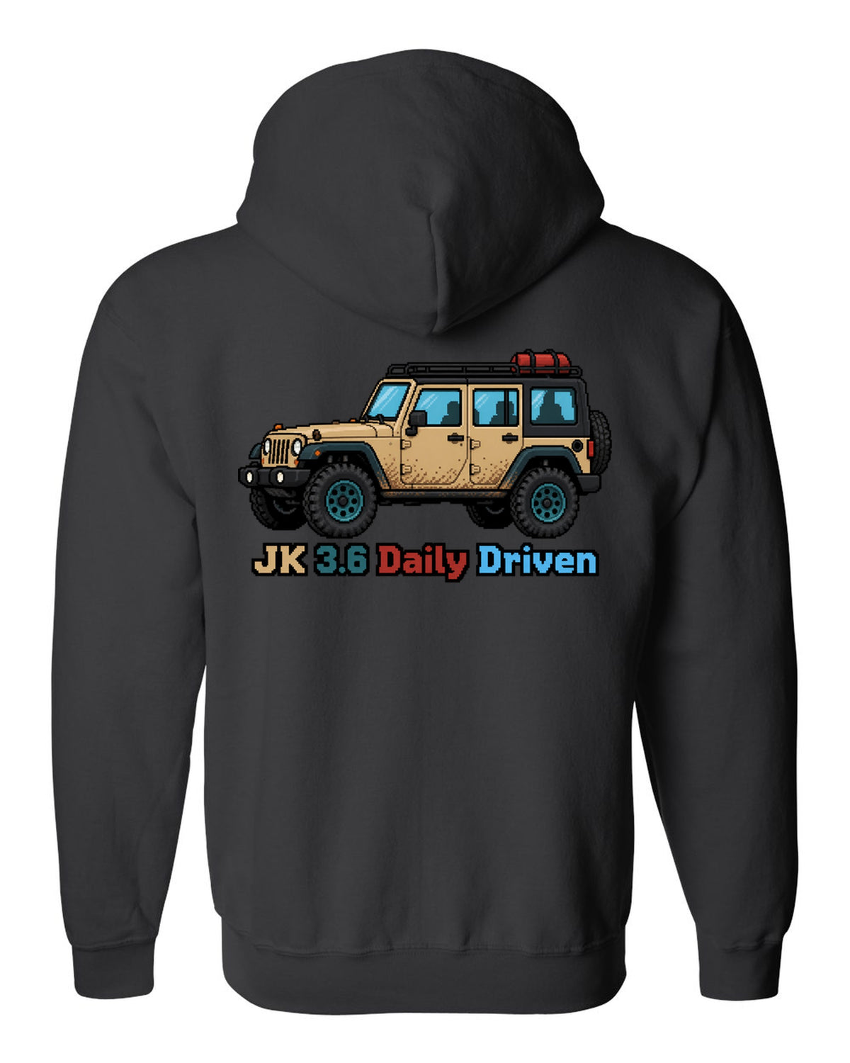 Jeep Wrangler JK 16-bit pixel art design with JK 3.6 daily driven text black zip hoodie back view with the design