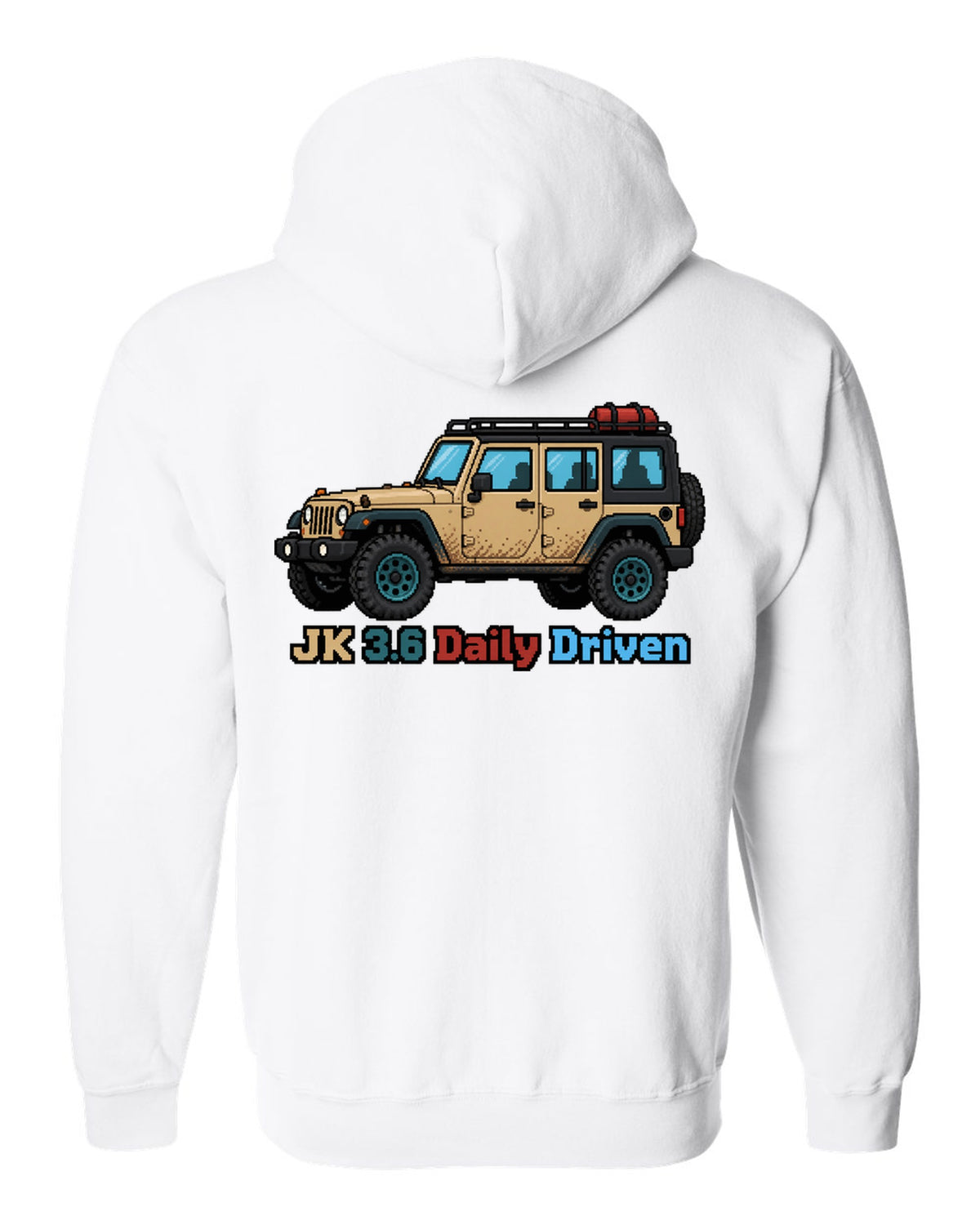 Jeep Wrangler JK 16-bit pixel art design with JK 3.6 daily driven text white zip hoodie back view with the design