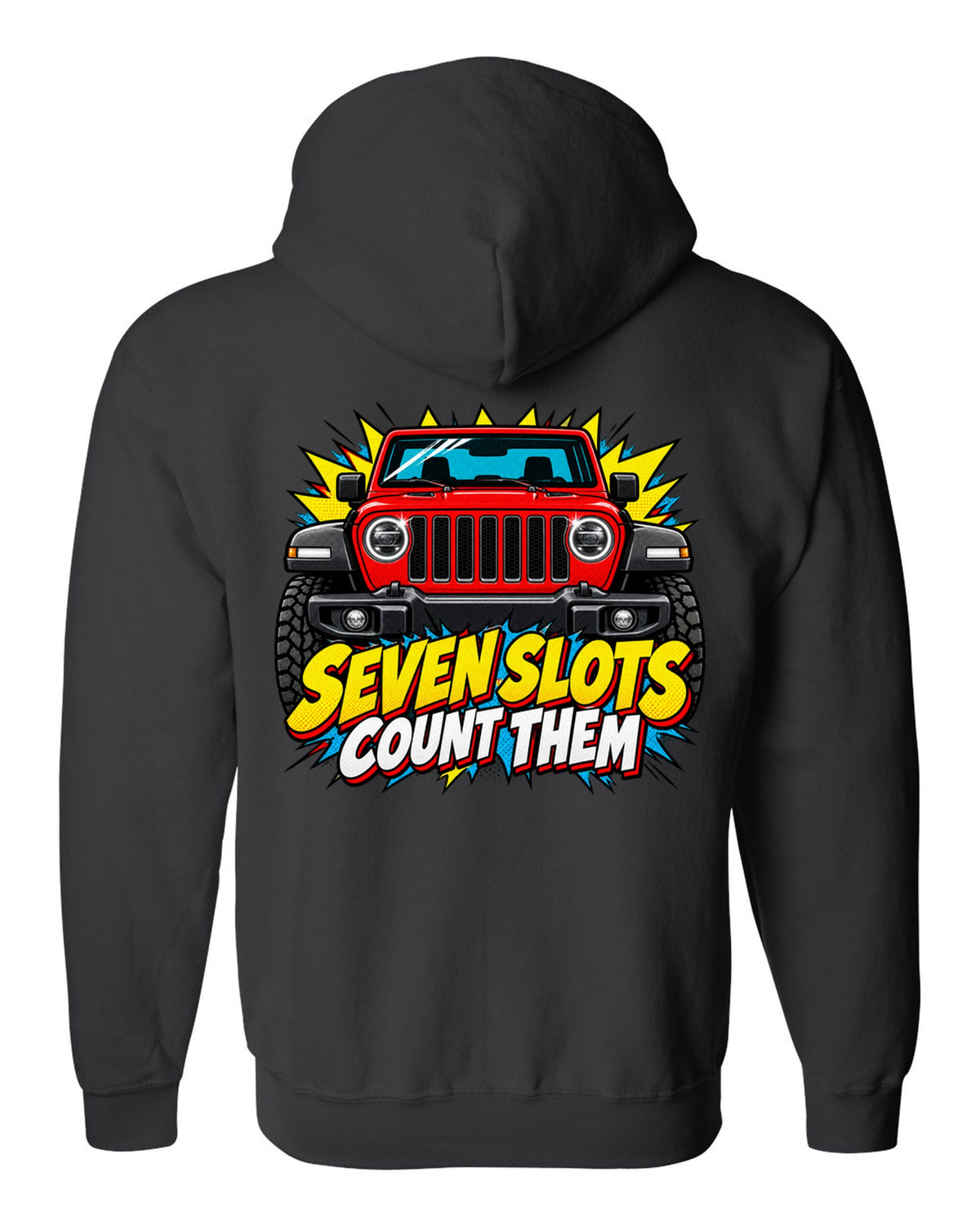 Comic halftone pop-art print of a Jeep Wrangler JL with seven slots text black zip hoodie back view with the design