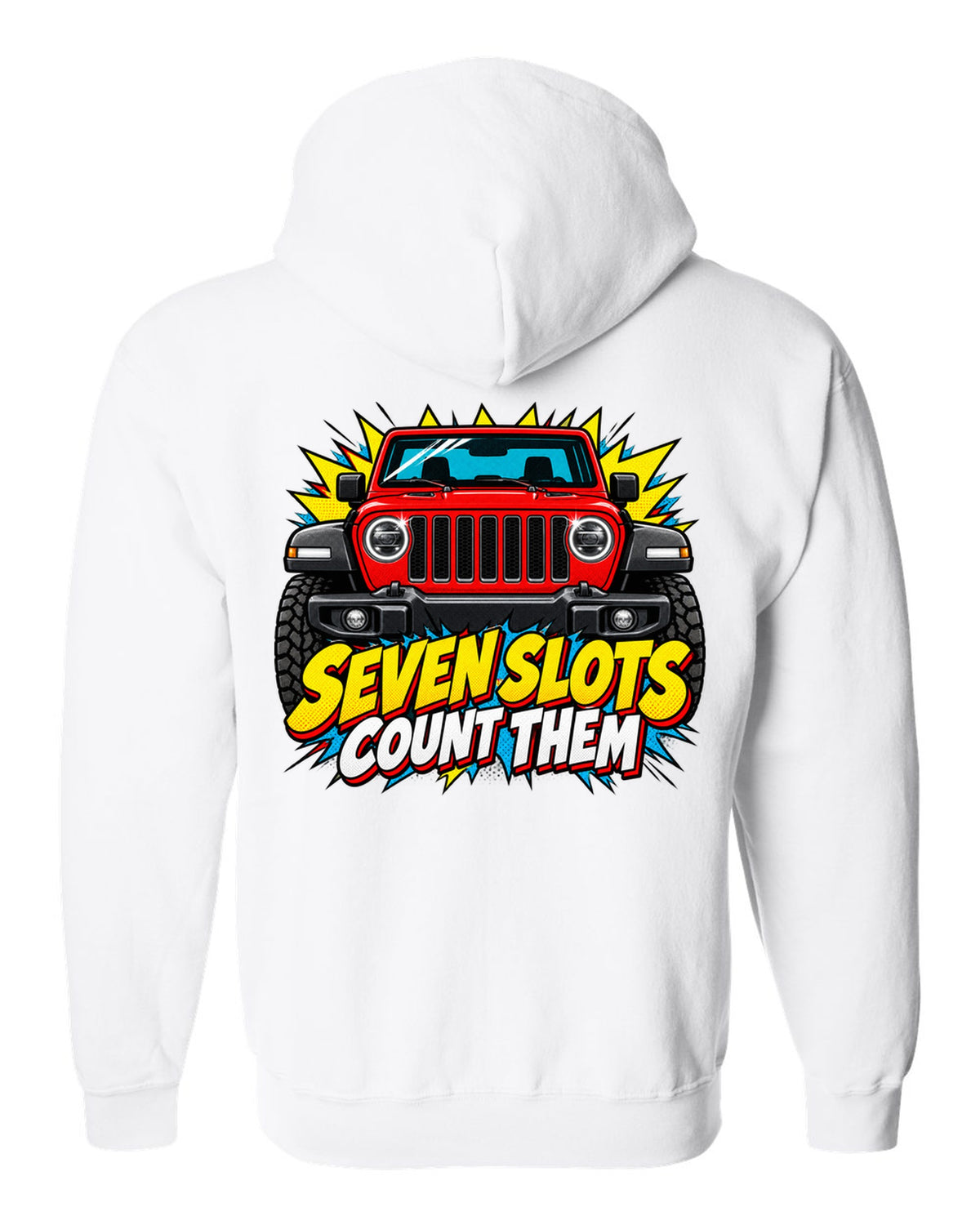 Comic halftone pop-art print of a Jeep Wrangler JL with seven slots text white zip hoodie back view with the design