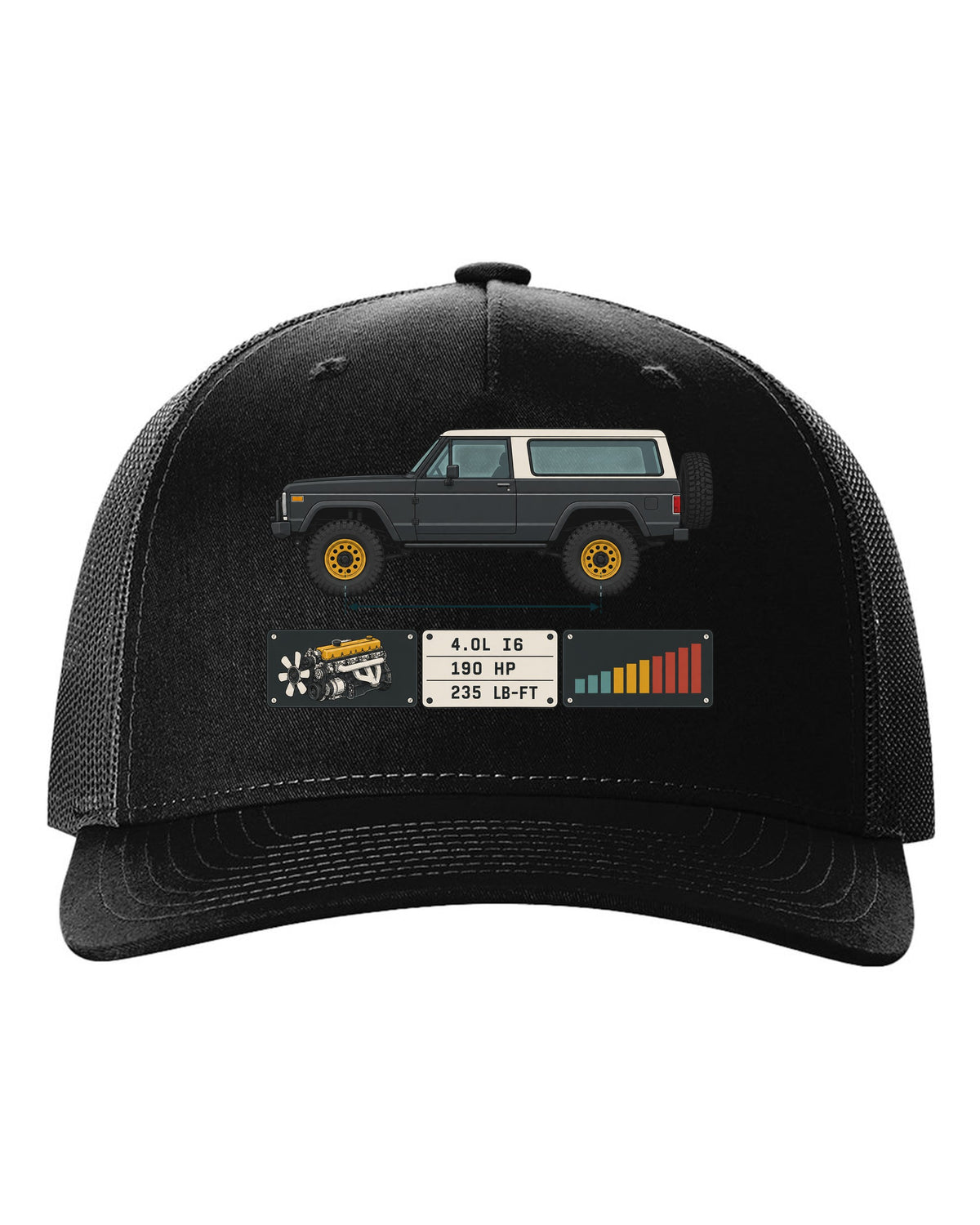 Jeep Wrangler LJ Unlimited spec sheet data plate design with 4.0L I6 190 HP 235 lb-ft black hat front view with the design