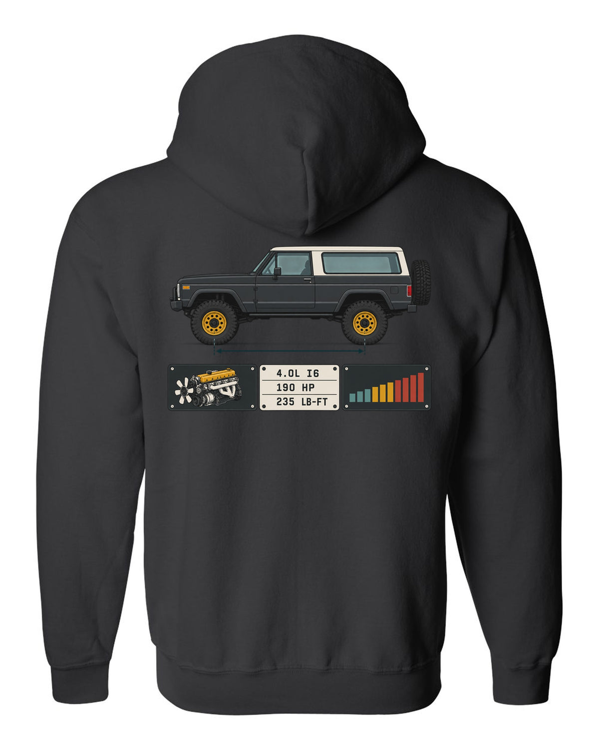 Jeep Wrangler LJ Unlimited spec sheet data plate design with 4.0L I6 190 HP 235 lb-ft black zip hoodie back view with the design