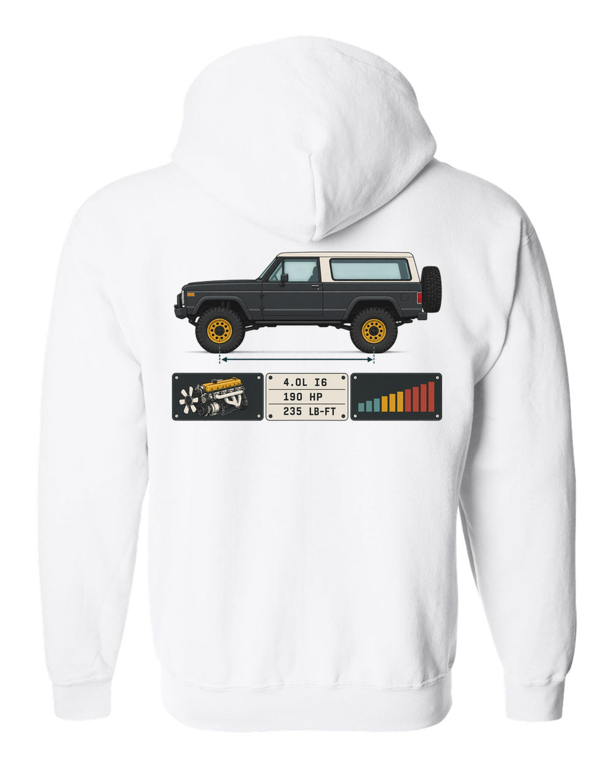 Jeep Wrangler LJ Unlimited spec sheet data plate design with 4.0L I6 190 HP 235 lb-ft white zip hoodie back view with the design