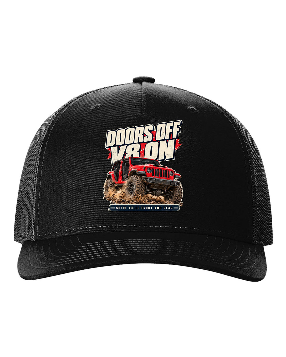 Editorial headline print for the Jeep Rubicon 392 about doors off and a V8 black hat front view with the design