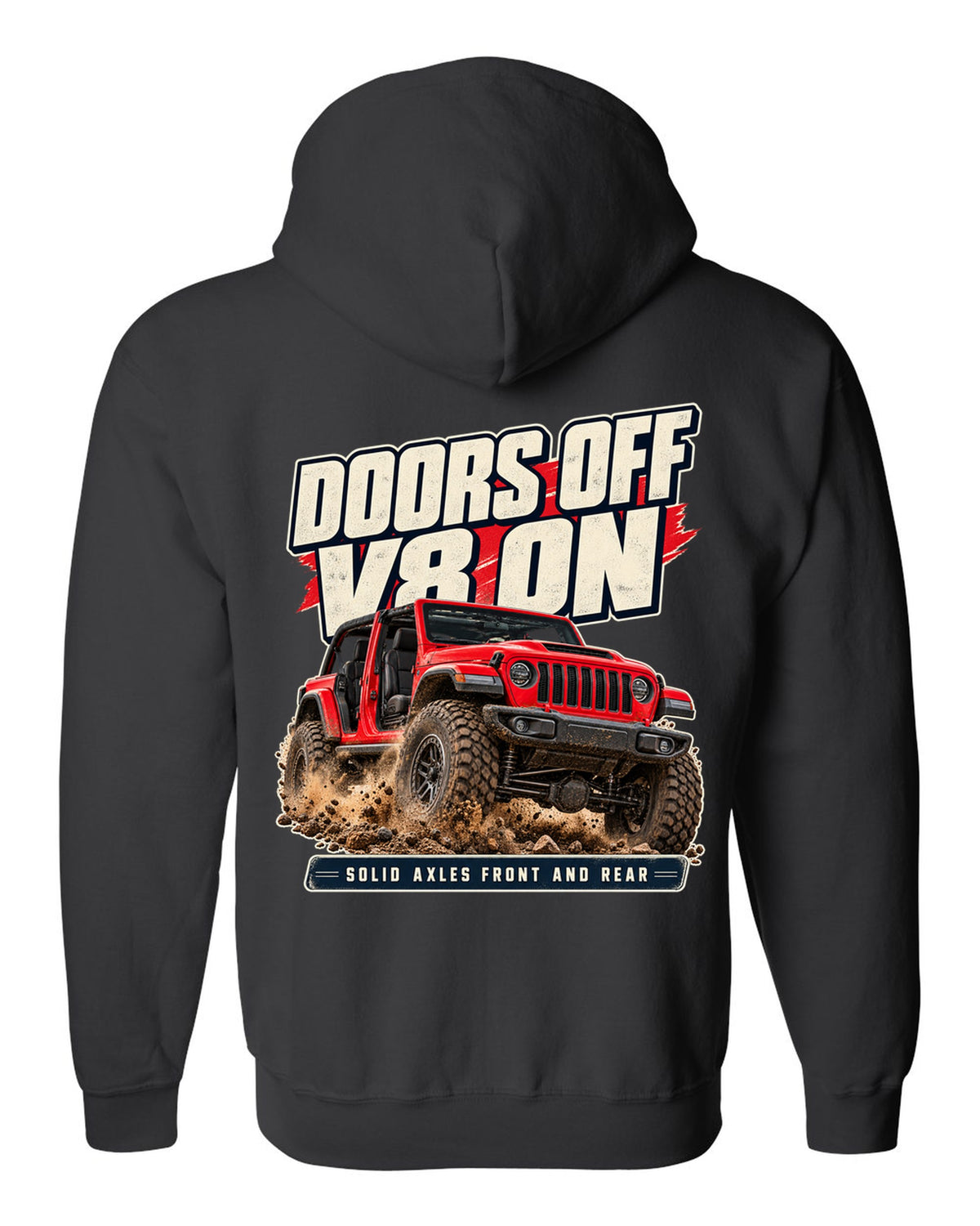 Editorial headline print for the Jeep Rubicon 392 about doors off and a V8 black zip hoodie back view with the design