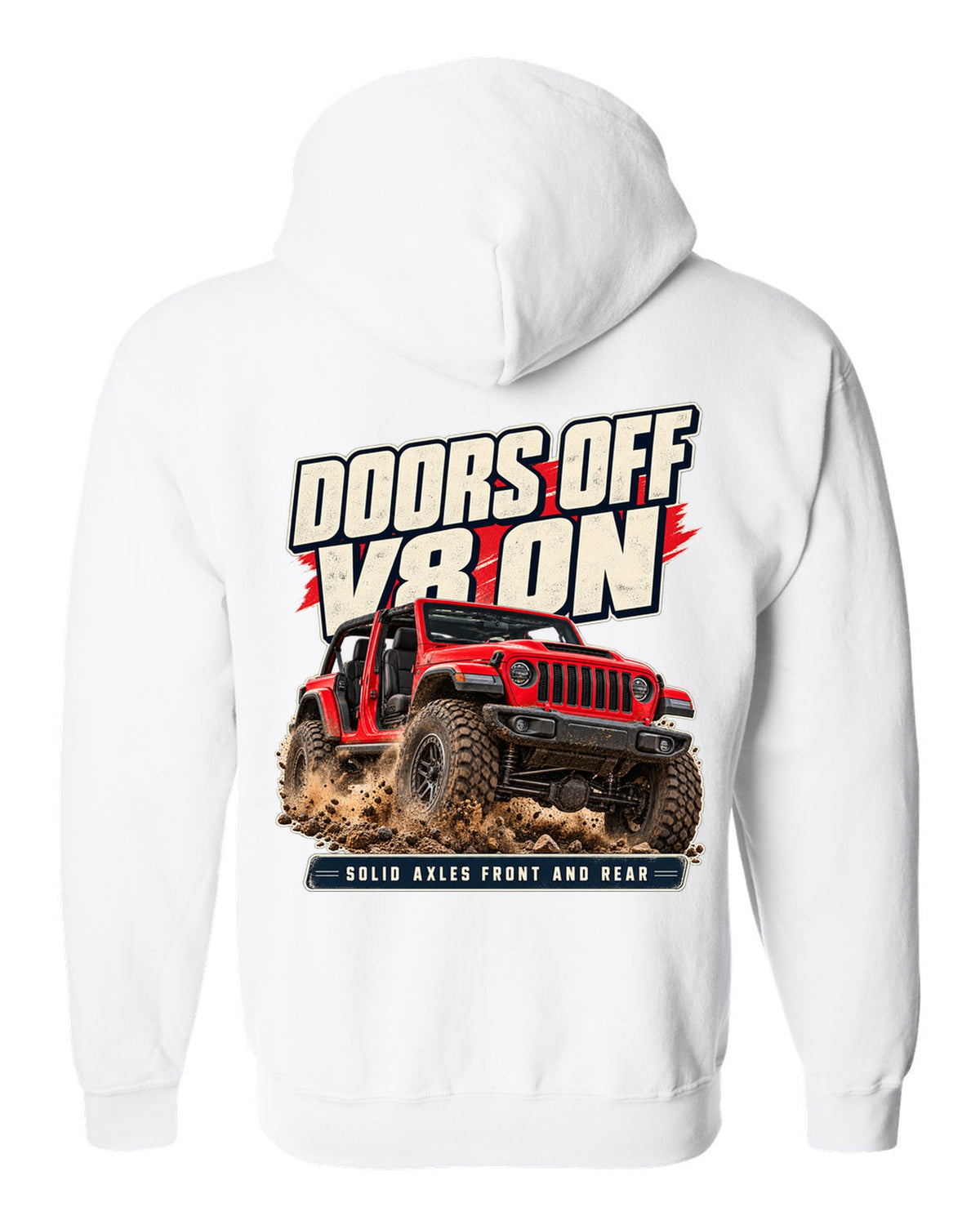Editorial headline print for the Jeep Rubicon 392 about doors off and a V8 white zip hoodie back view with the design