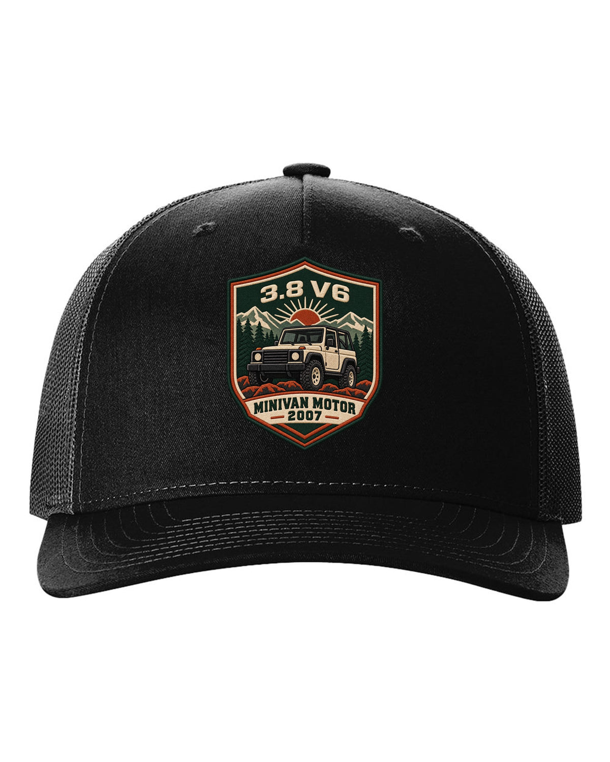 Jeep Wrangler JK varsity crest design with 3.8 V6 minivan motor 2007 text black hat front view with the design