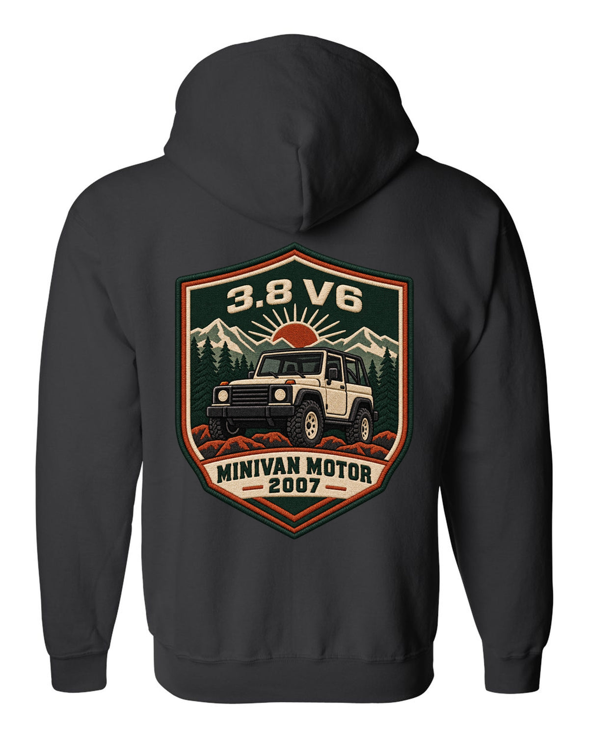 Jeep Wrangler JK varsity crest design with 3.8 V6 minivan motor 2007 text black zip hoodie back view with the design