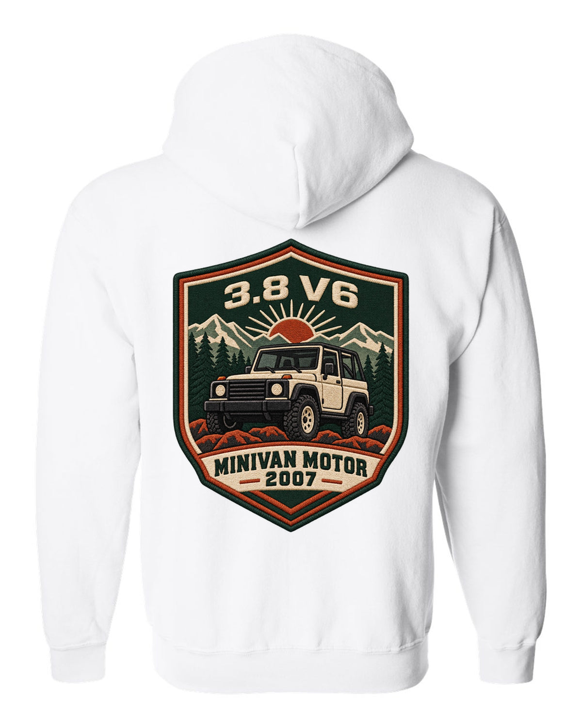 Jeep Wrangler JK varsity crest design with 3.8 V6 minivan motor 2007 text white zip hoodie back view with the design