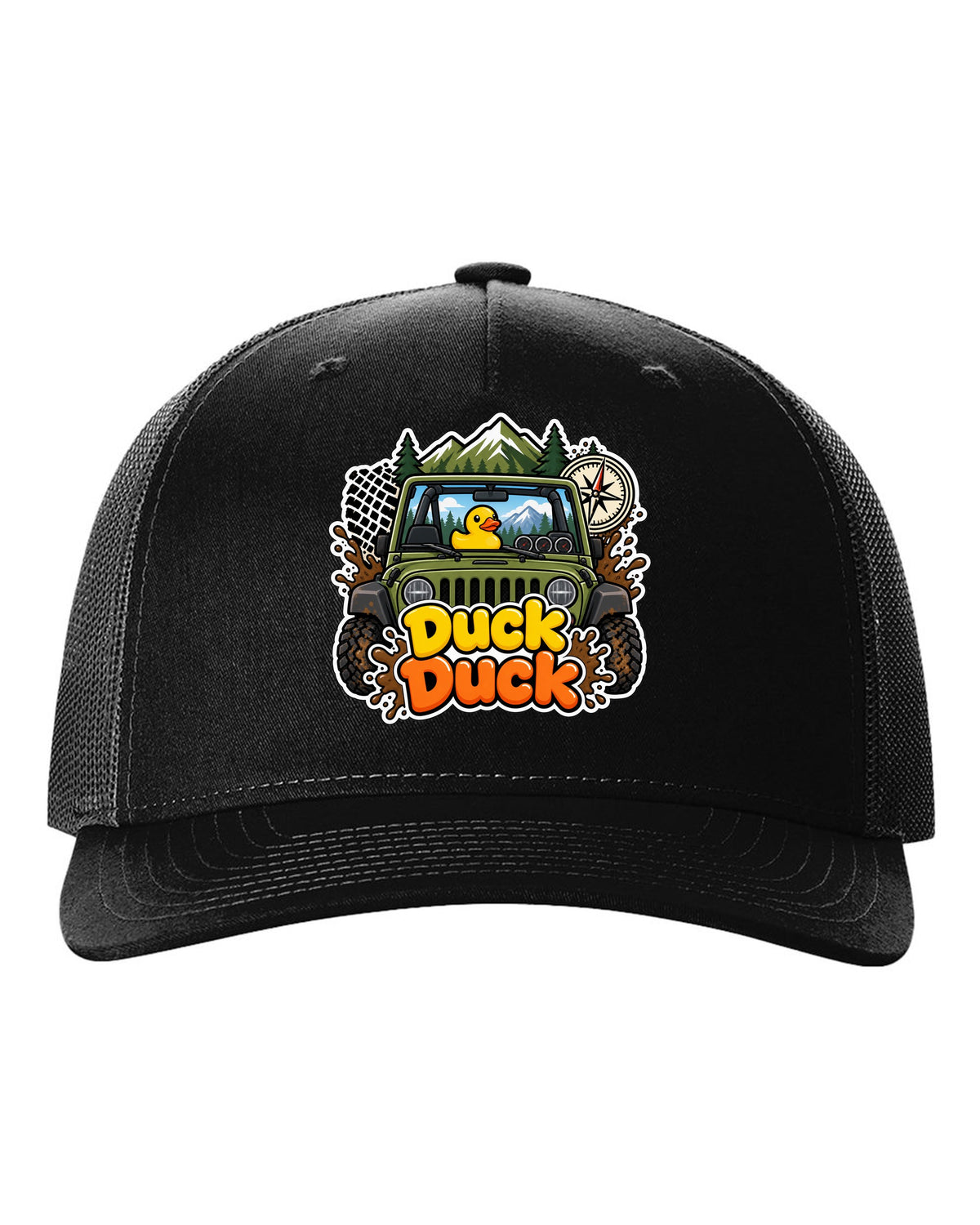 Sticker-bomb collage print of a Jeep Wrangler JK dashboard with ducks black hat front view with the design