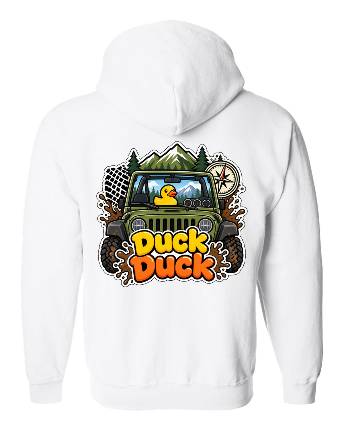 Sticker-bomb collage print of a Jeep Wrangler JK dashboard with ducks white zip hoodie back view with the design