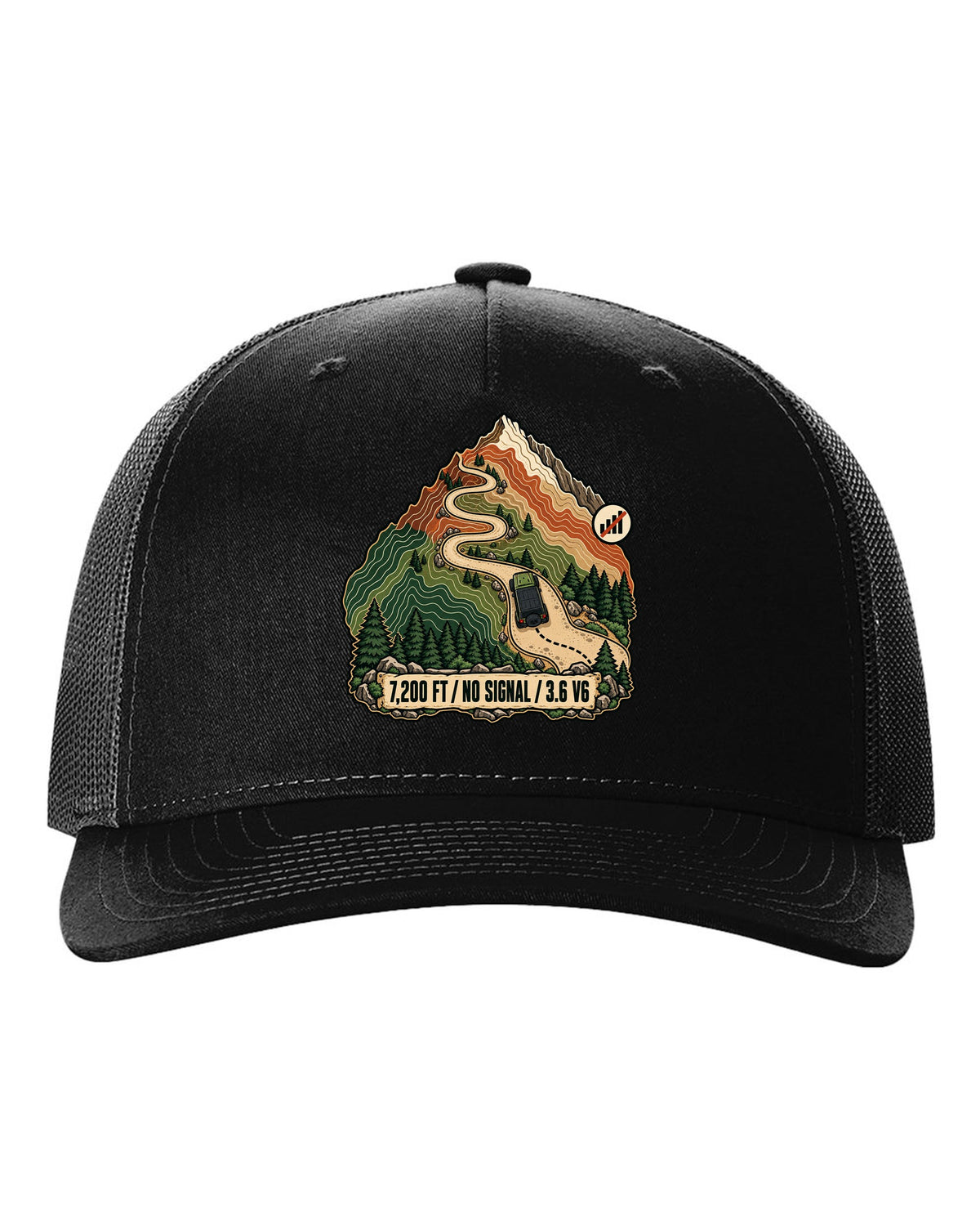 Topographic route map illustration of mountain switchbacks for a Jeep Wrangler JK with 7,200 FT NO SIGNAL 3.6 V6 lettering black hat front view with the design