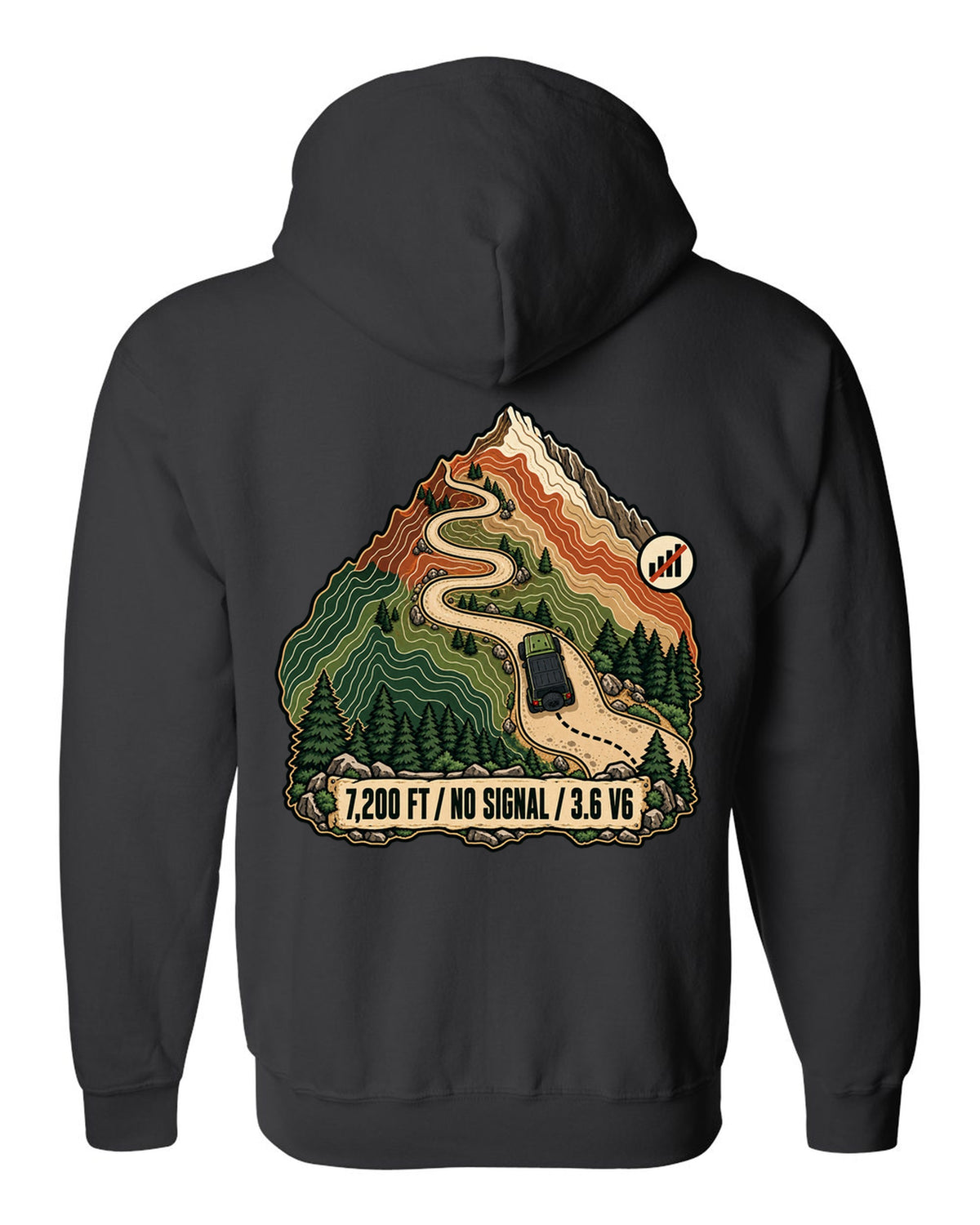 Topographic route map illustration of mountain switchbacks for a Jeep Wrangler JK with 7,200 FT NO SIGNAL 3.6 V6 lettering black zip hoodie back view with the design