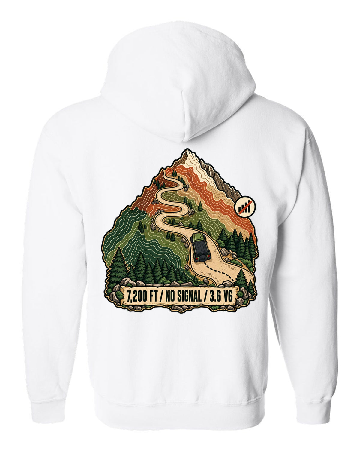Topographic route map illustration of mountain switchbacks for a Jeep Wrangler JK with 7,200 FT NO SIGNAL 3.6 V6 lettering white zip hoodie back view with the design