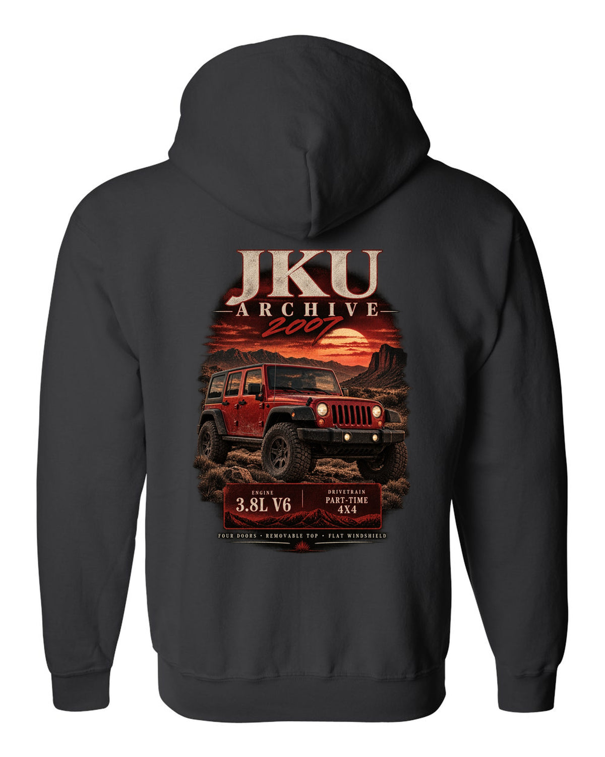 Archive panel print for the 2007 Jeep Wrangler JKU, 3.8L V6 four-door black zip hoodie back view with the design