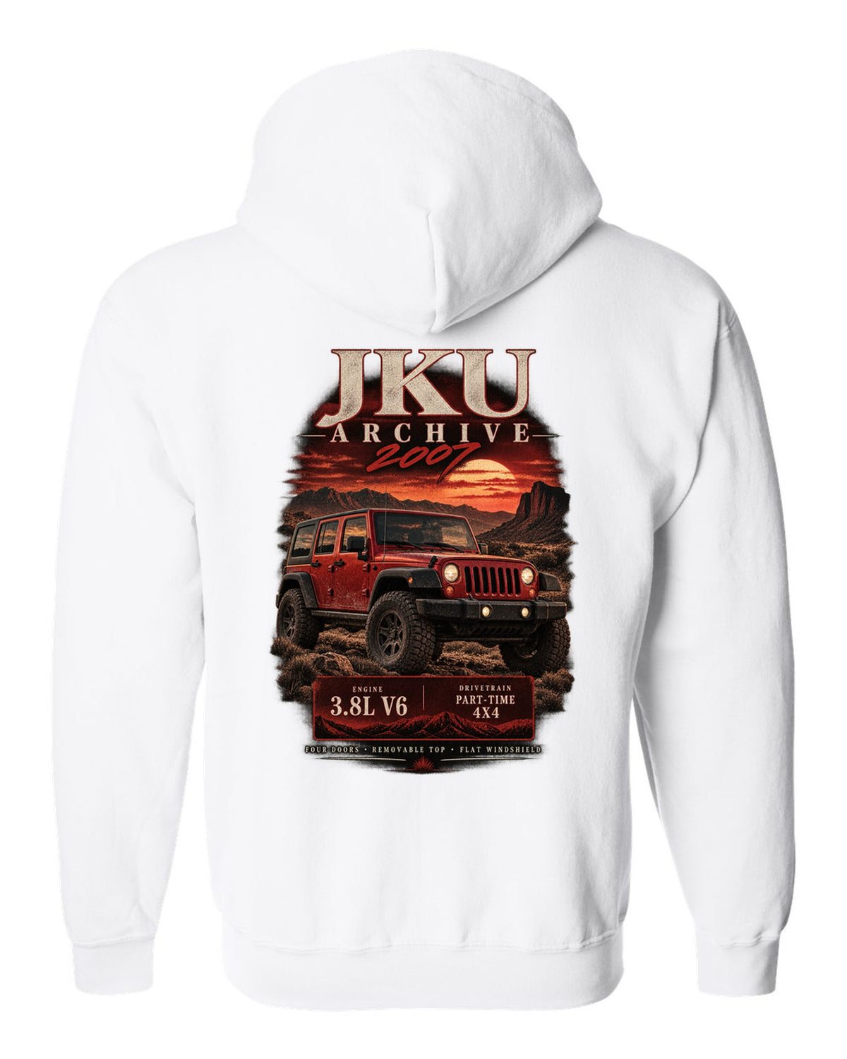 Archive panel print for the 2007 Jeep Wrangler JKU, 3.8L V6 four-door white zip hoodie back view with the design
