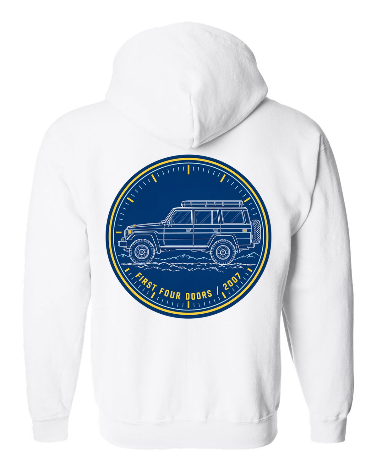 Jeep Wrangler JKU cyanotype blueprint design reading first four doors 2007 white zip hoodie back view with the design