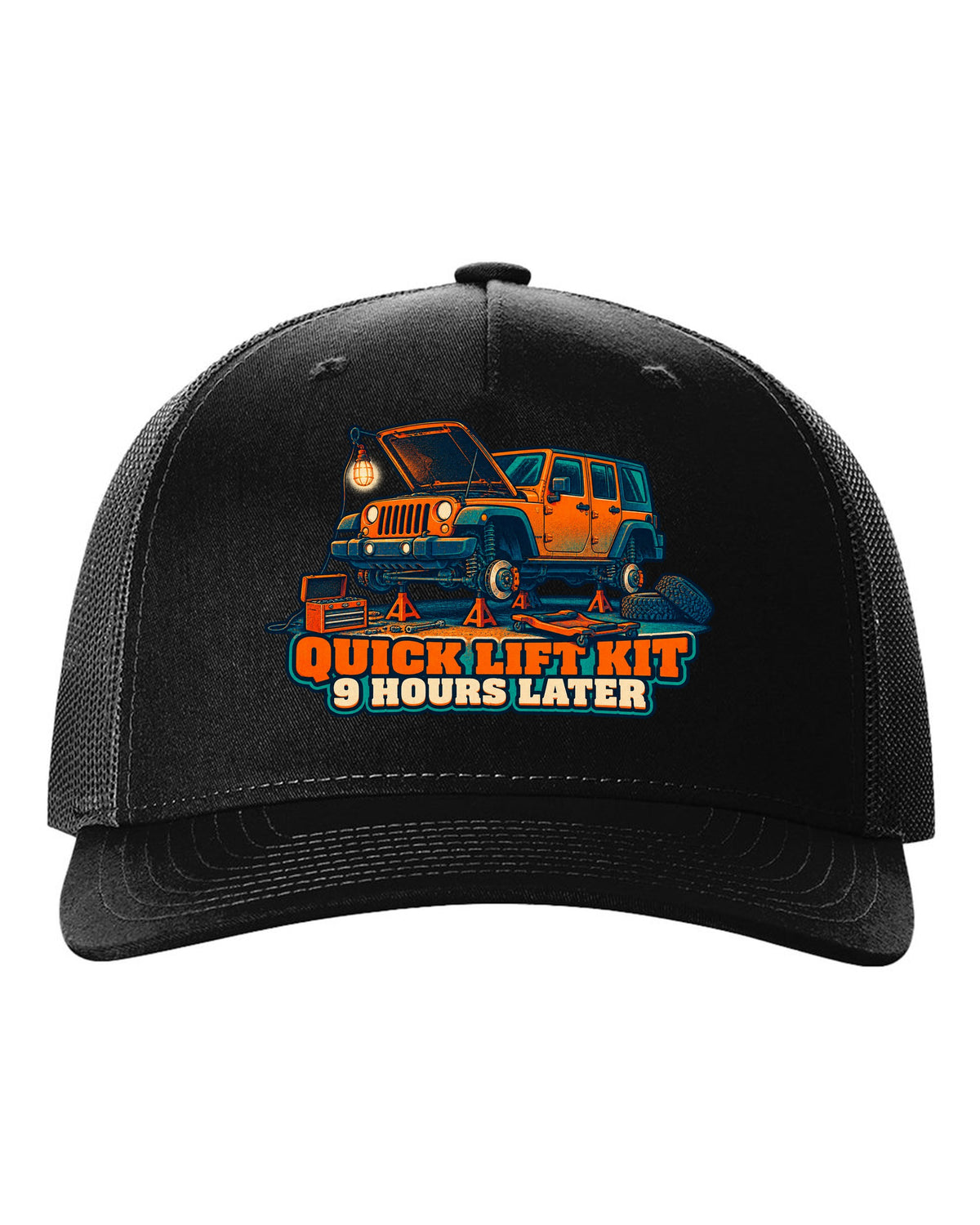 Risograph-style print of a Jeep Wrangler JKU four-door with lift kit joke text black hat front view with the design