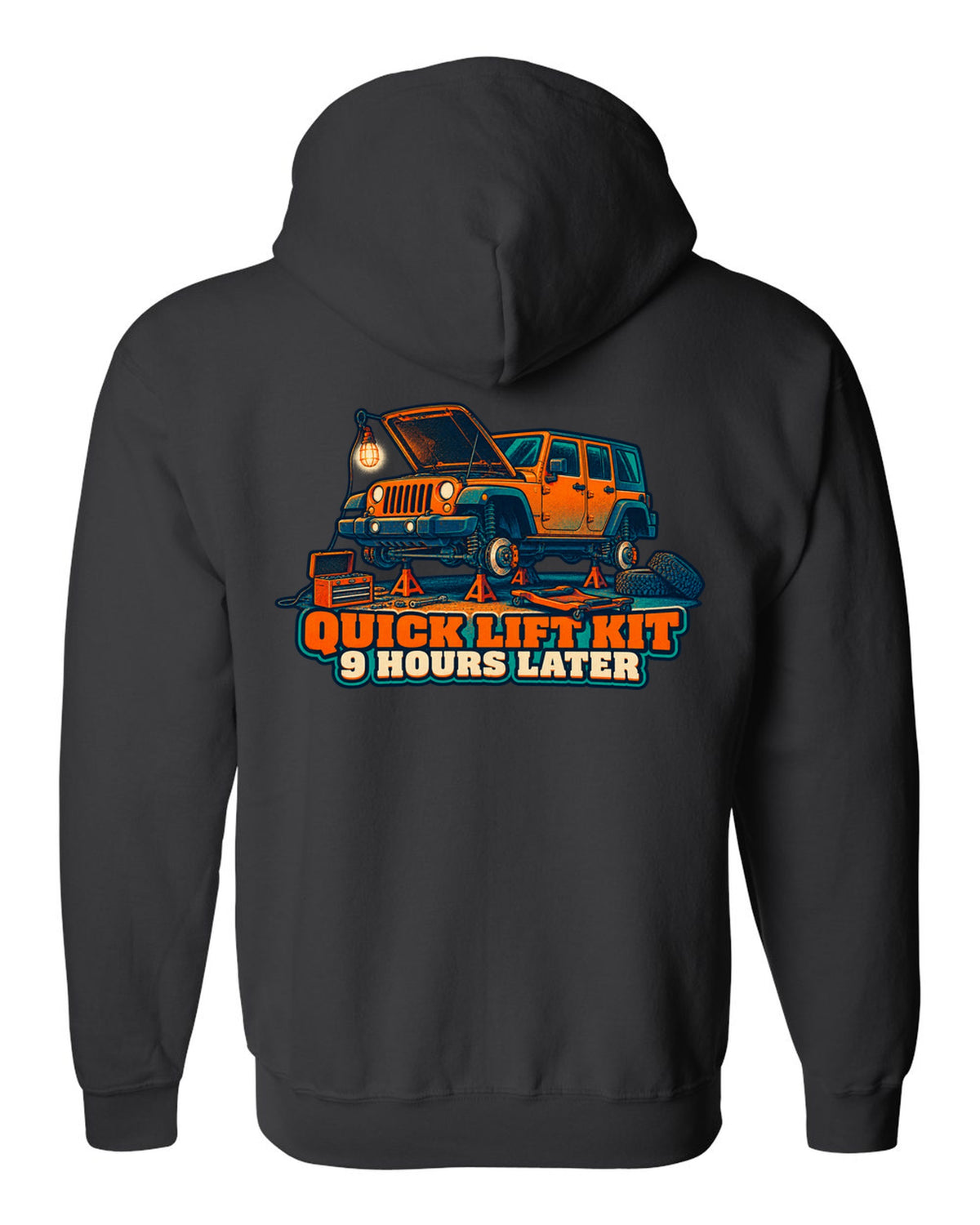 Risograph-style print of a Jeep Wrangler JKU four-door with lift kit joke text black zip hoodie back view with the design